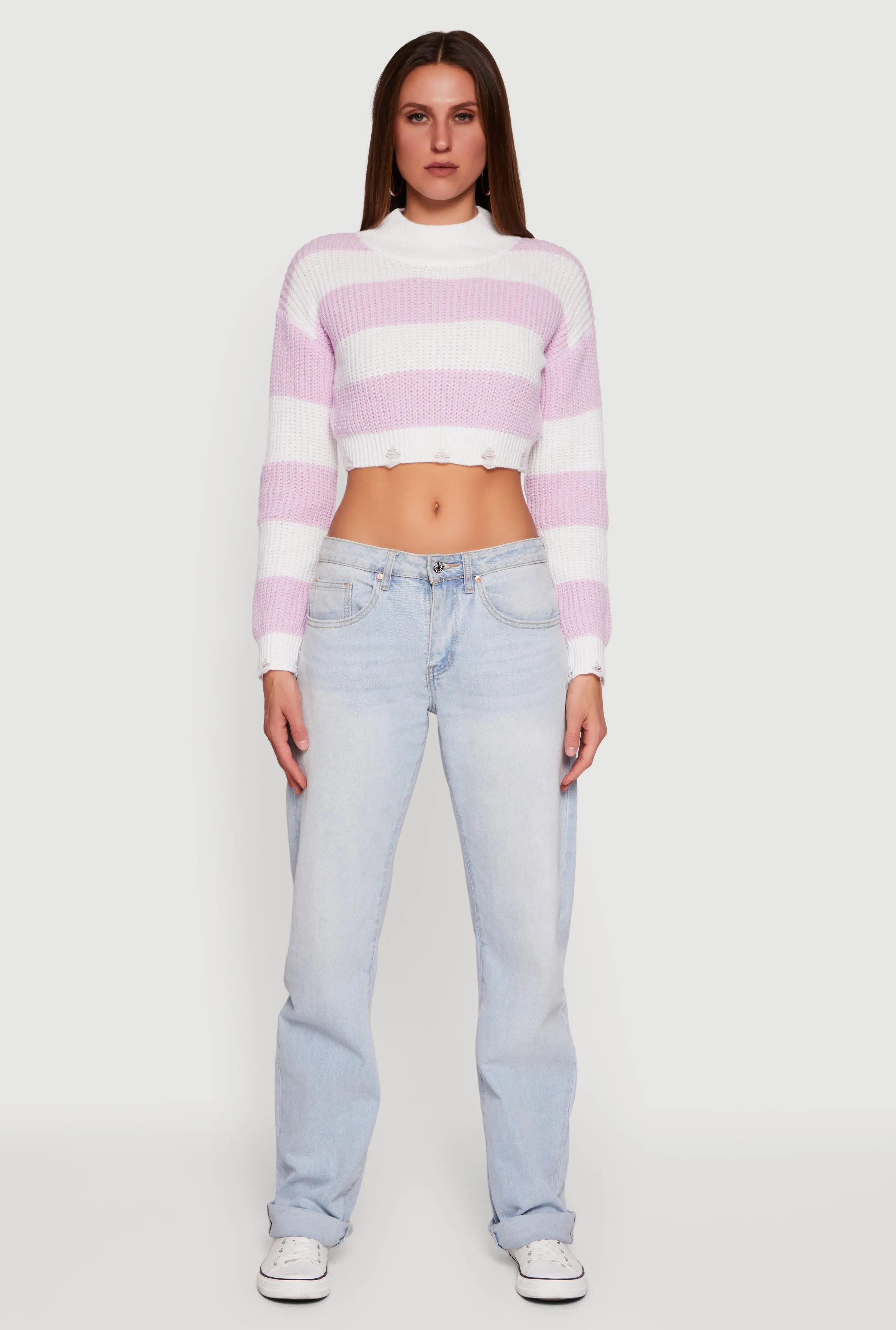 Striped Long Sleeve Mock Neck Cropped Sweater sold by Rainbow product image thumbnail 2