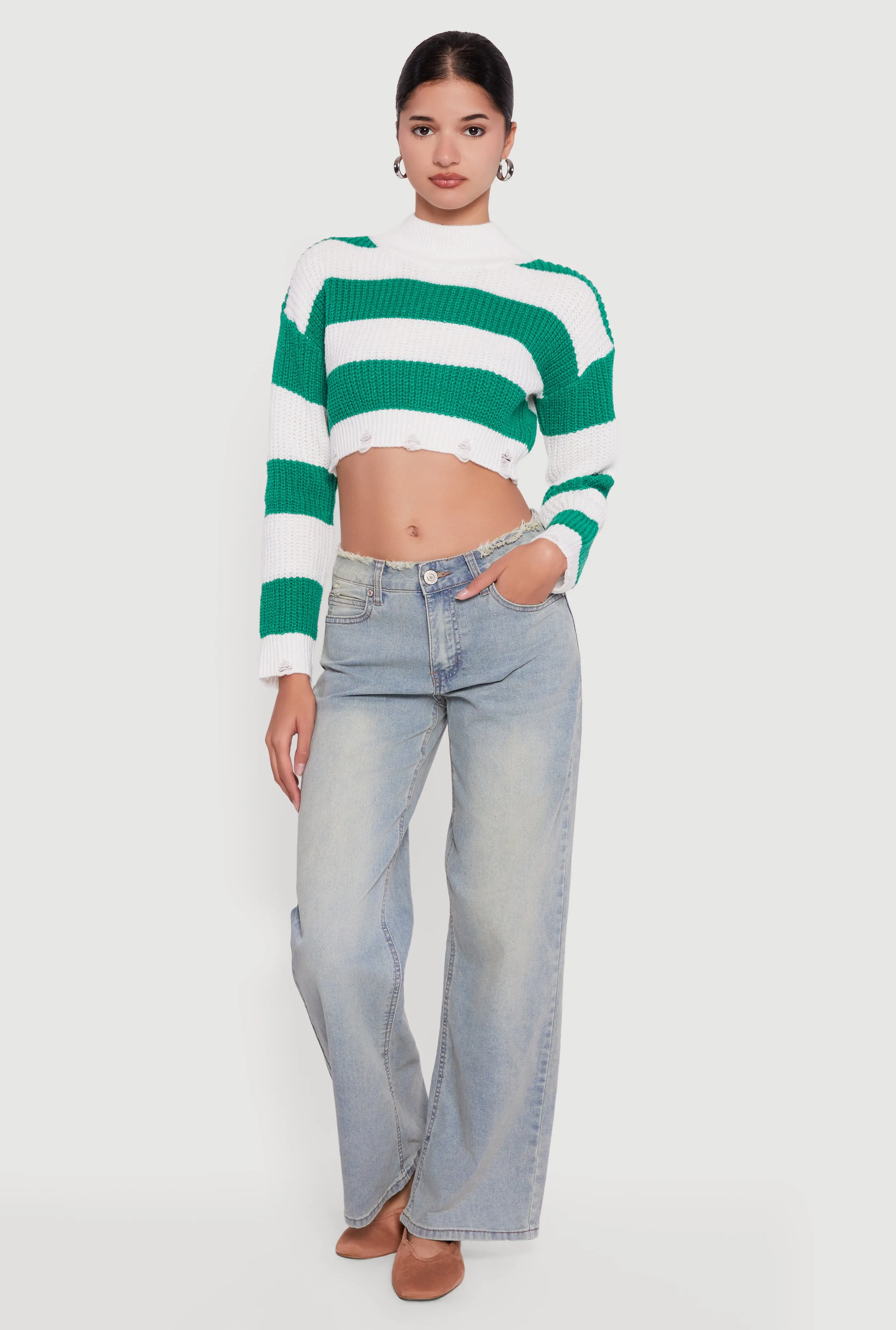 Striped Long Sleeve Mock Neck Cropped Sweater sold by Rainbow product image thumbnail 3