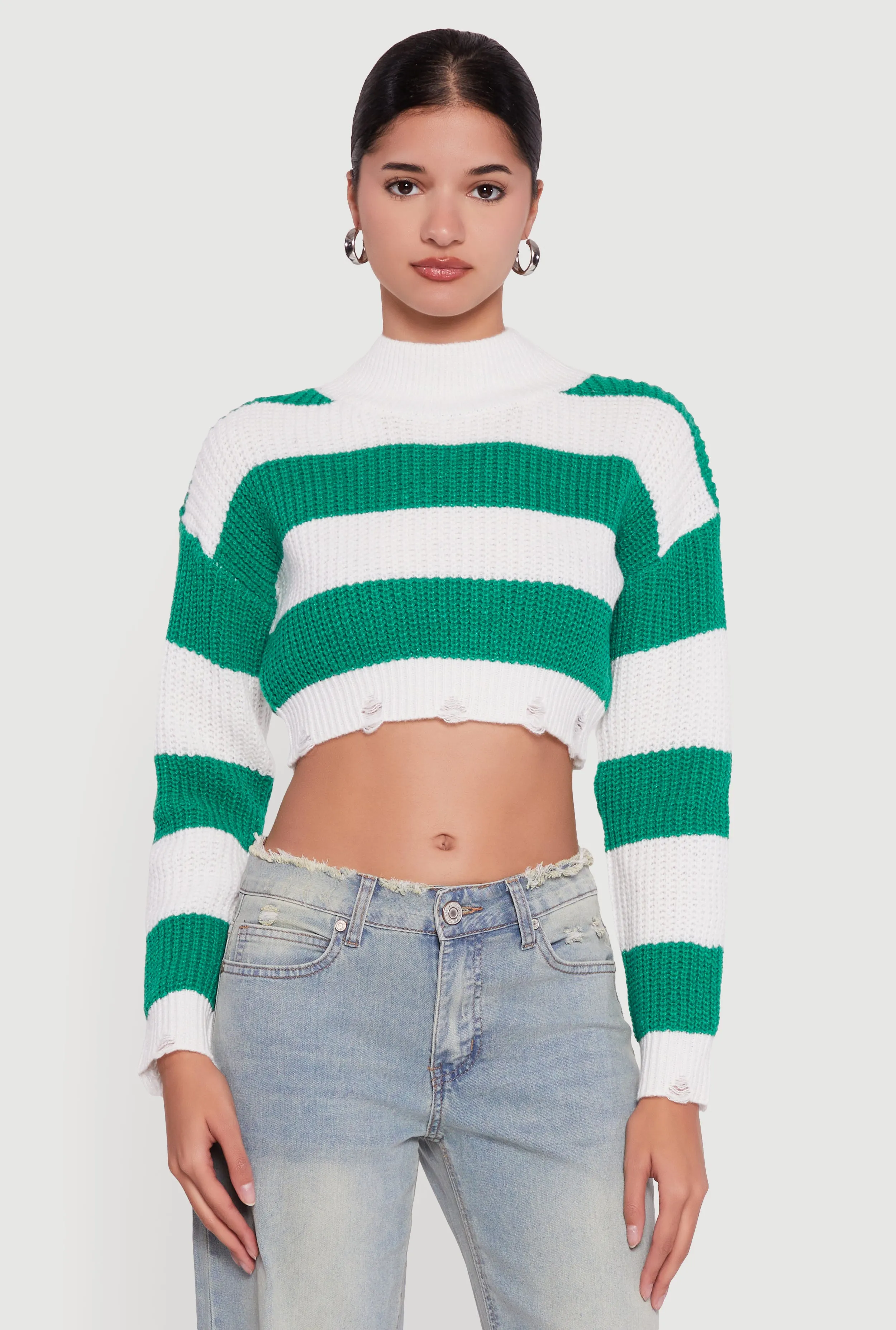 Striped Long Sleeve Mock Neck Cropped Sweater sold by Rainbow product image thumbnail 2