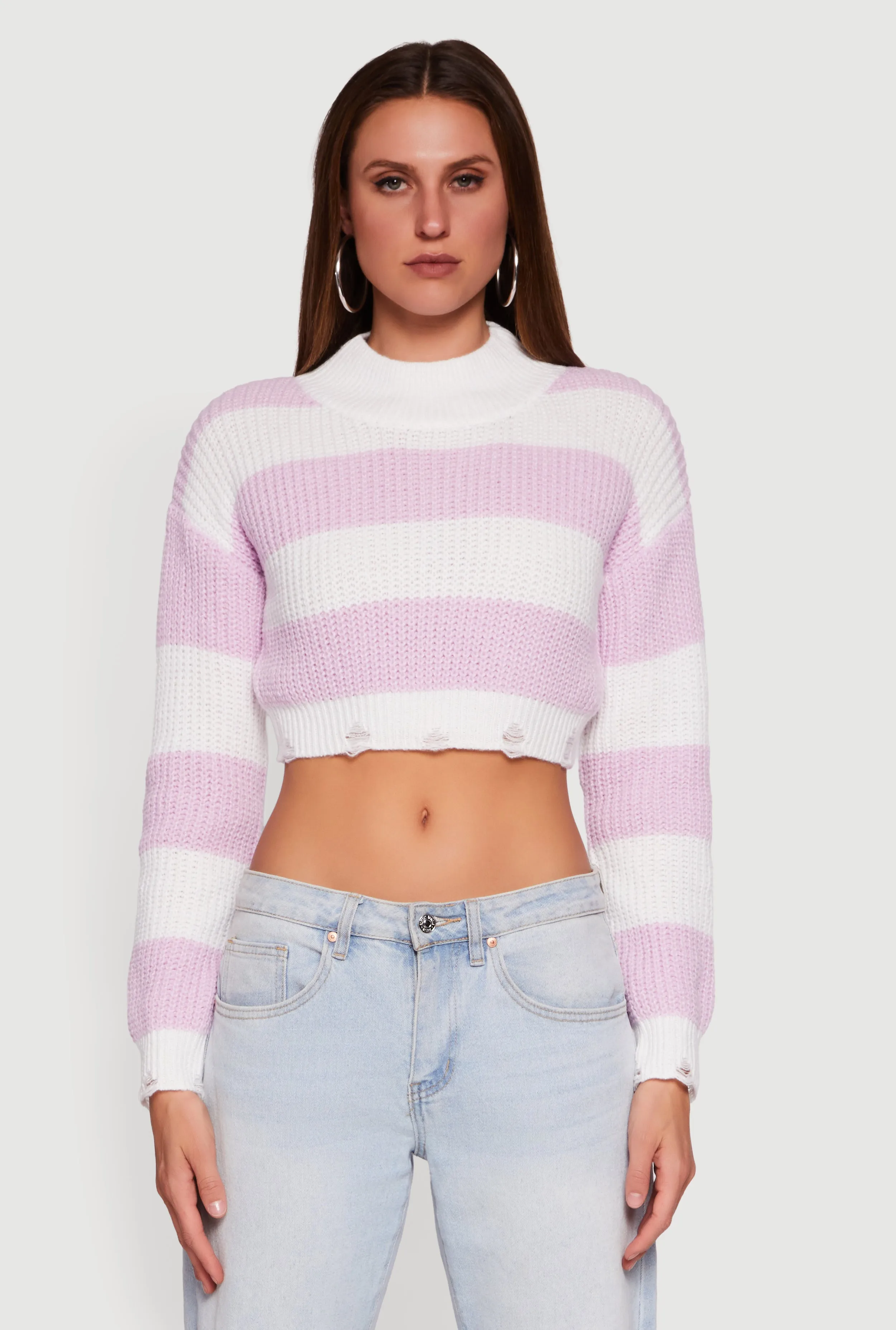 Striped Long Sleeve Mock Neck Cropped Sweater sold by Rainbow product image thumbnail 2