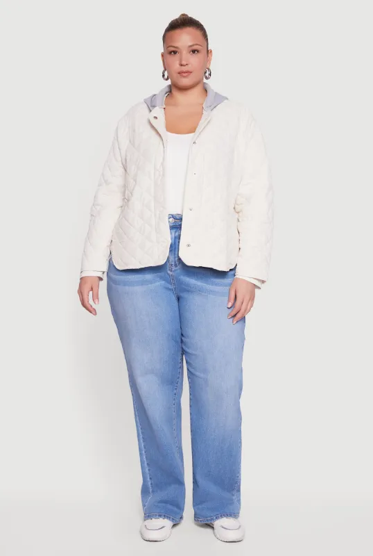 Plus Size Snap Button Front Hooded Quilted Jacket sold by Rainbow