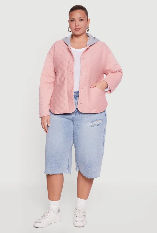 Plus Size Snap Button Front Hooded Quilted Jacket sold by Rainbow