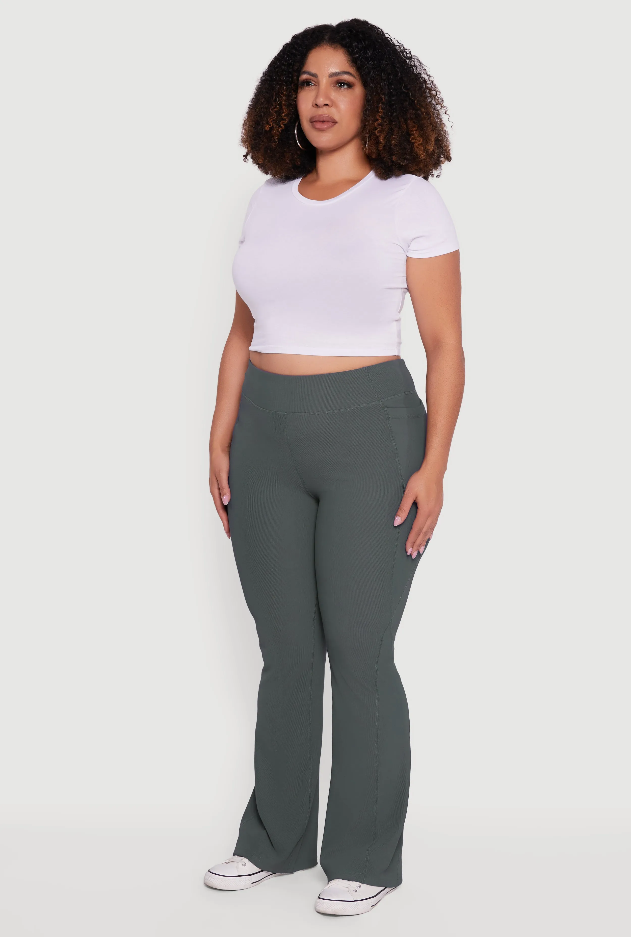 Plus Size High Waisted Ribbed Knit Flare Leg Active Pants sold by Rainbow product image thumbnail 3