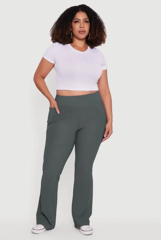 Plus Size High Waisted Ribbed Knit Flare Leg Active Pants sold by Rainbow