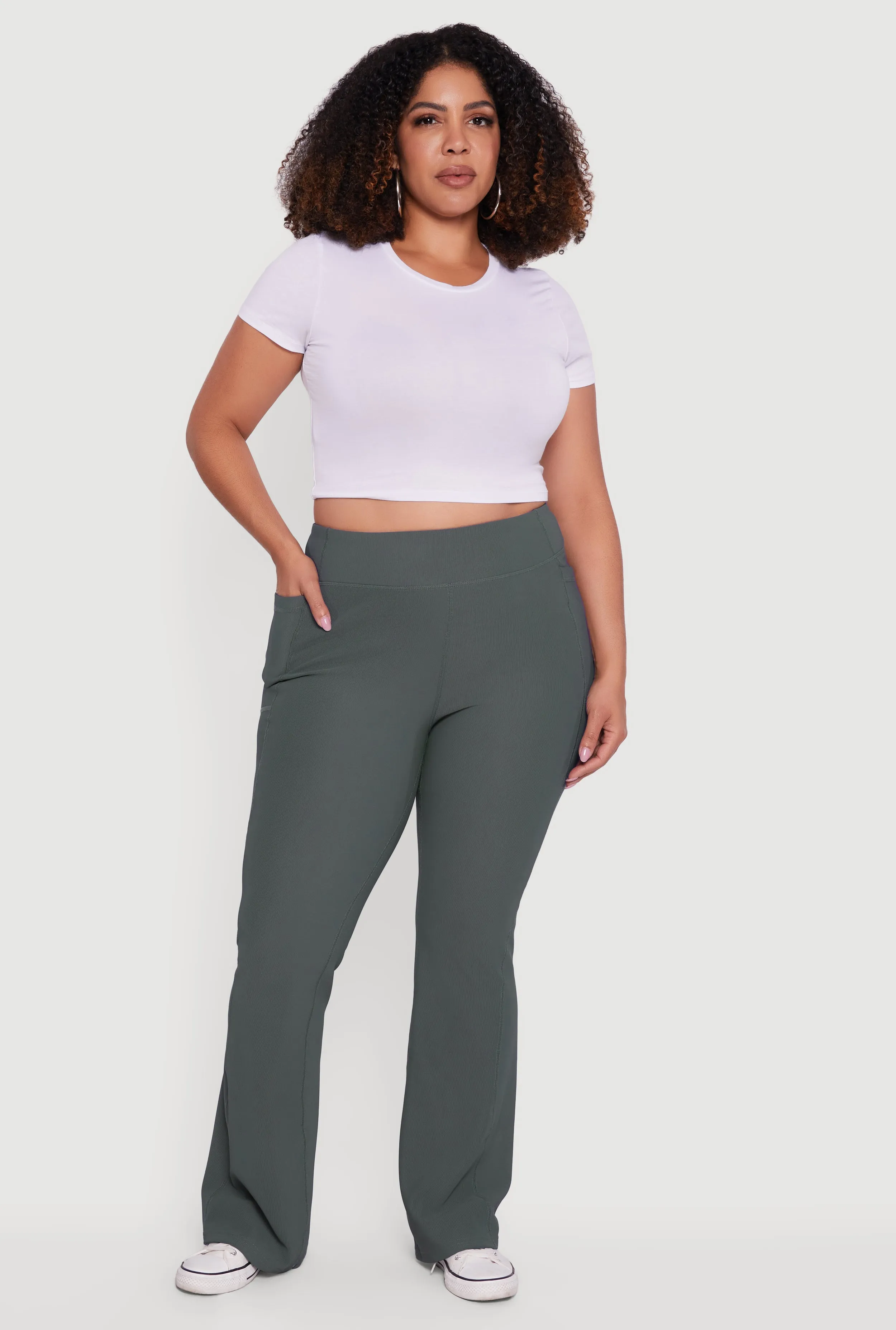 Plus Size High Waisted Ribbed Knit Flare Leg Active Pants sold by Rainbow