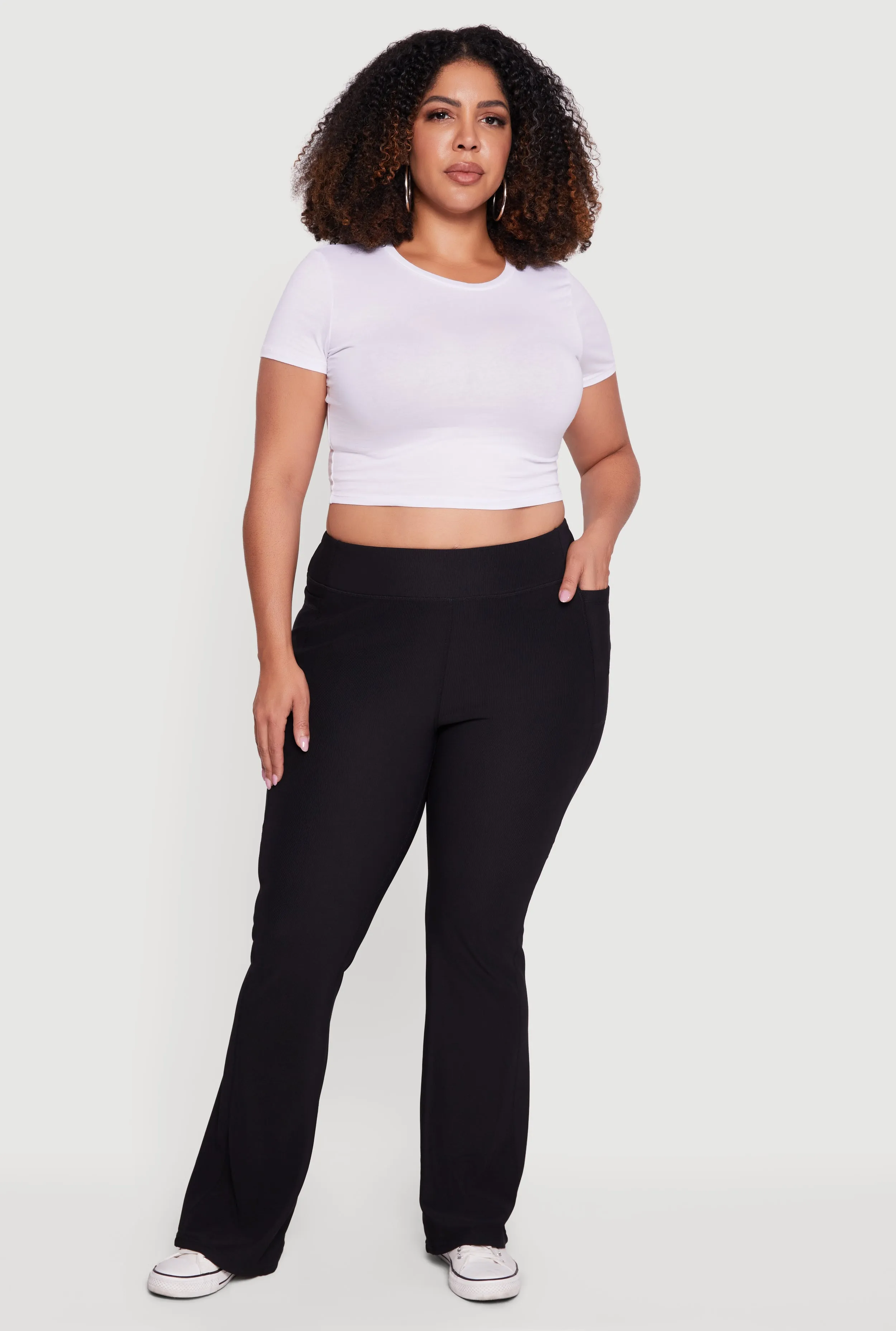 Plus Size High Waisted Ribbed Knit Flare Leg Active Pants sold by Rainbow