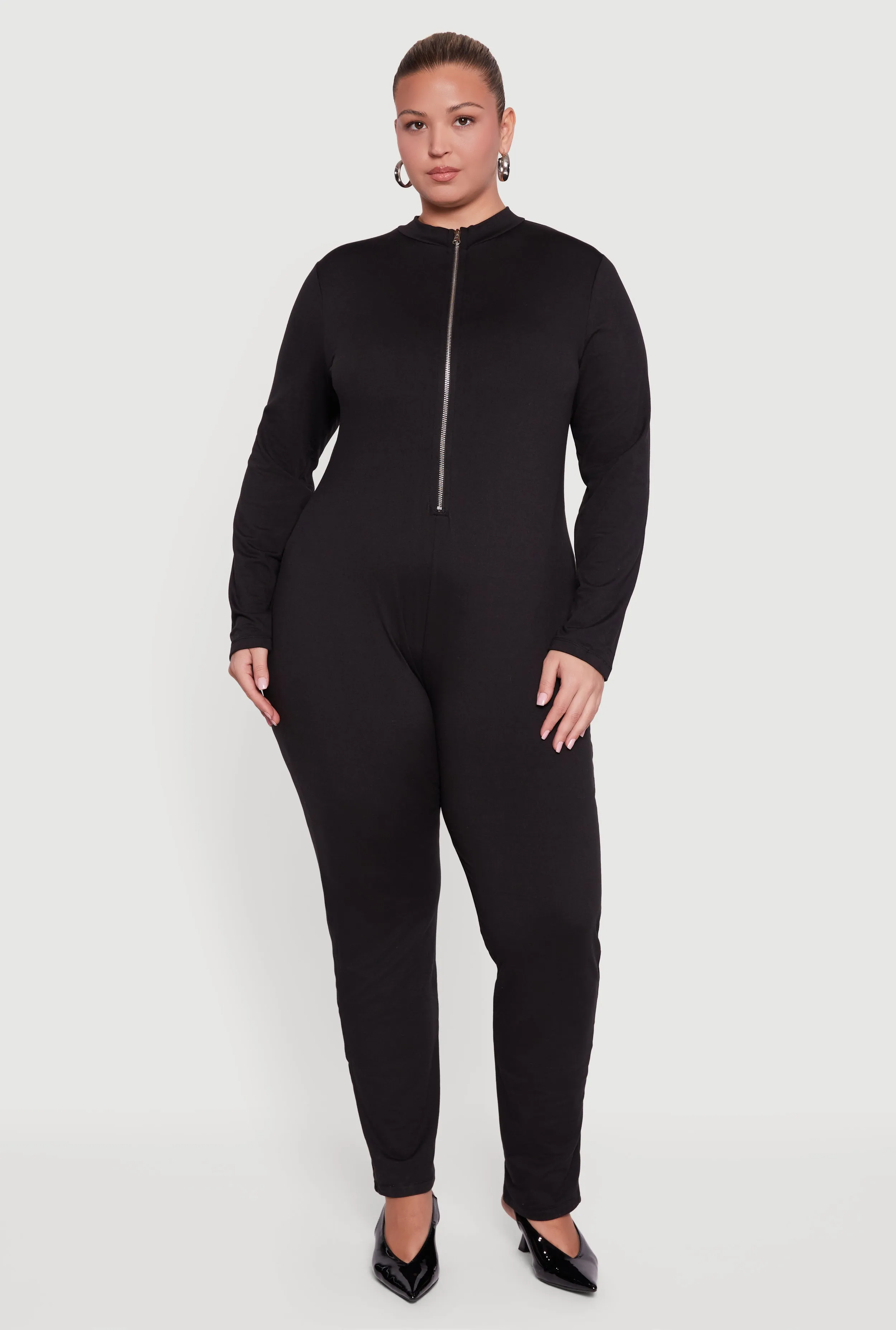 Plus Size Long Sleeve Half Zip Front Catsuit sold by Rainbow