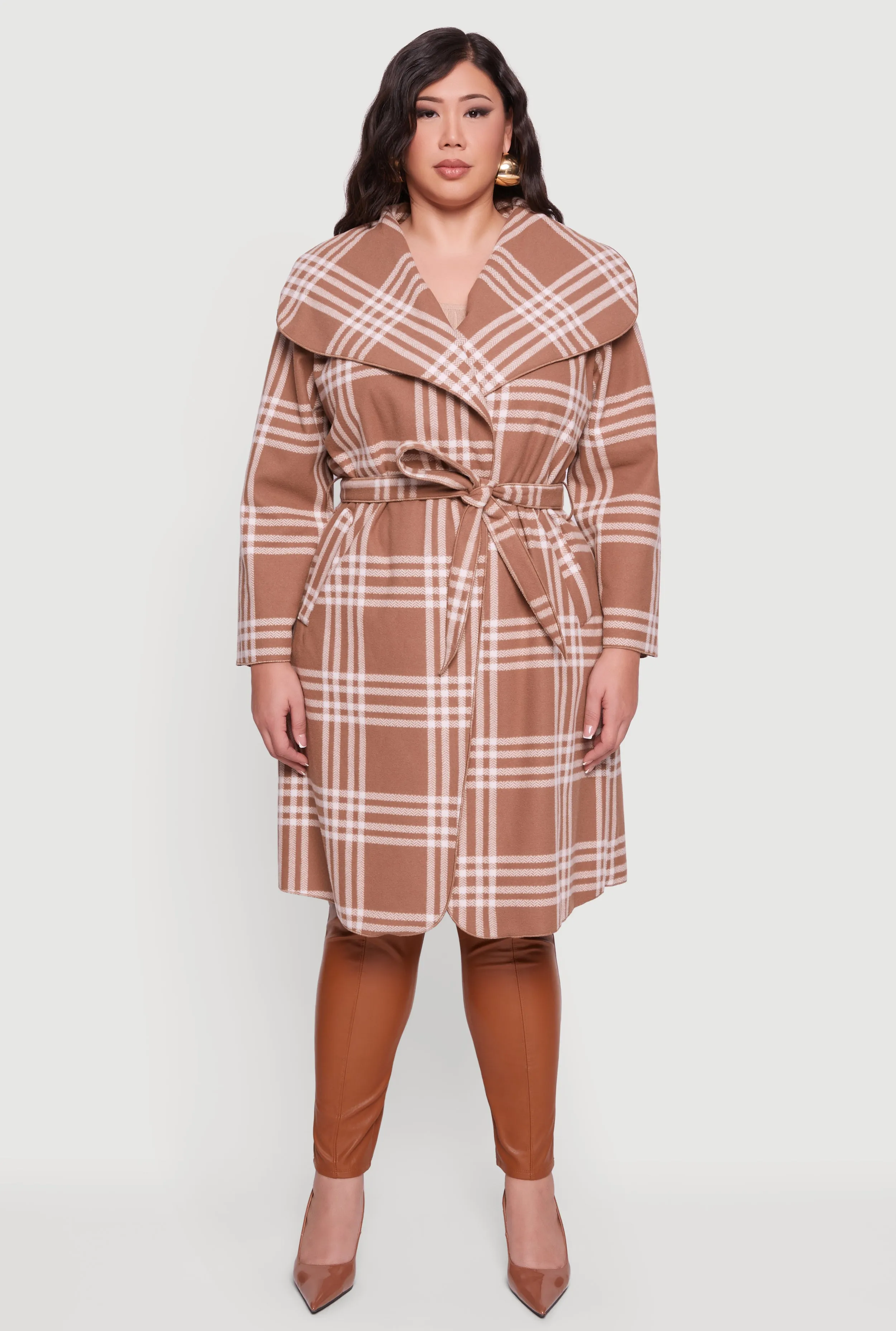 Plus Size Plaid Fleece Wrap Coat with Tie Waist Belt sold by Rainbow