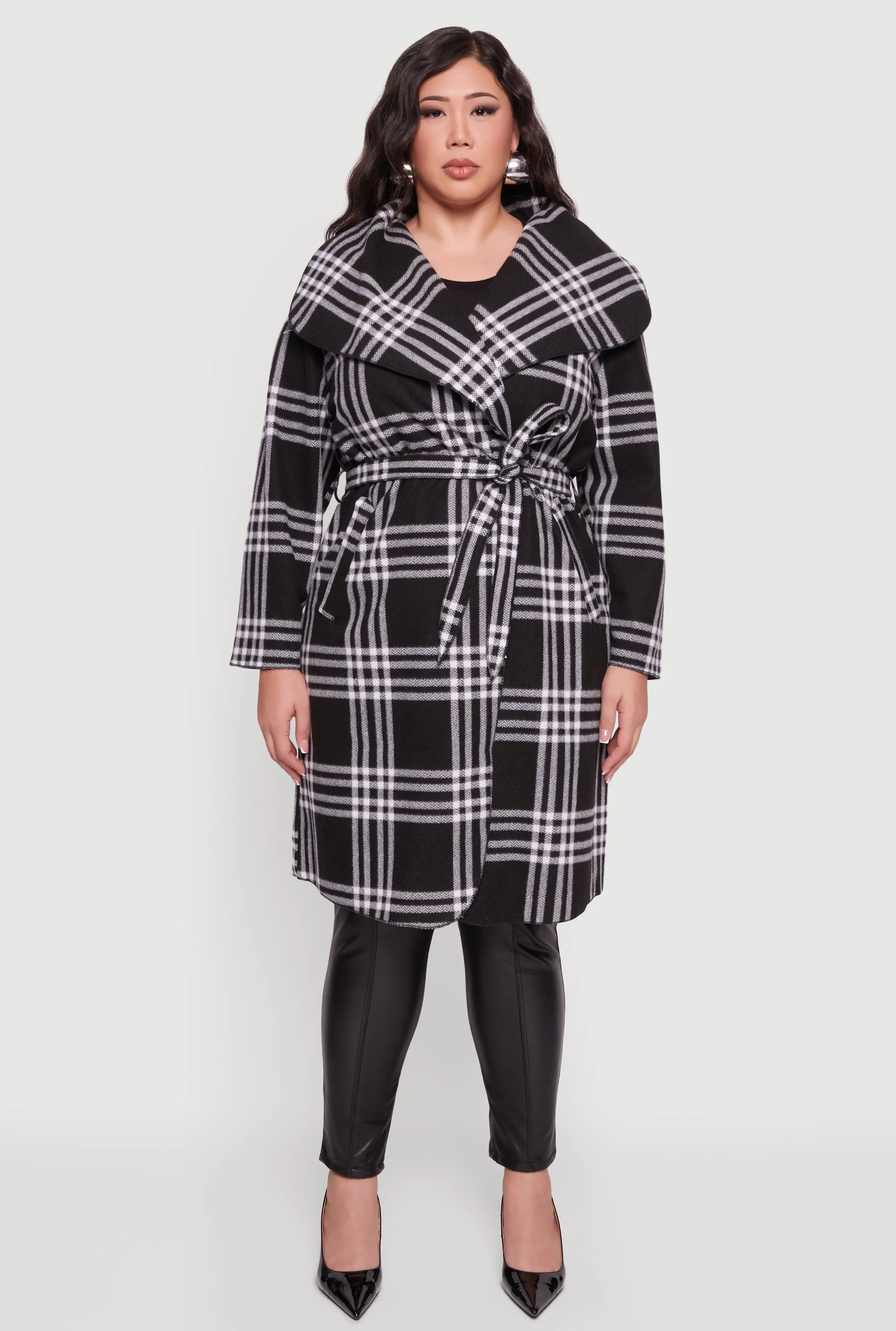 Plus Size Plaid Fleece Wrap Coat with Tie Waist Belt sold by Rainbow product image thumbnail 3