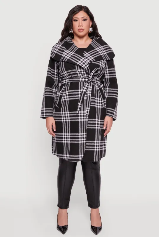 Plus Size Plaid Fleece Wrap Coat with Tie Waist Belt sold by Rainbow