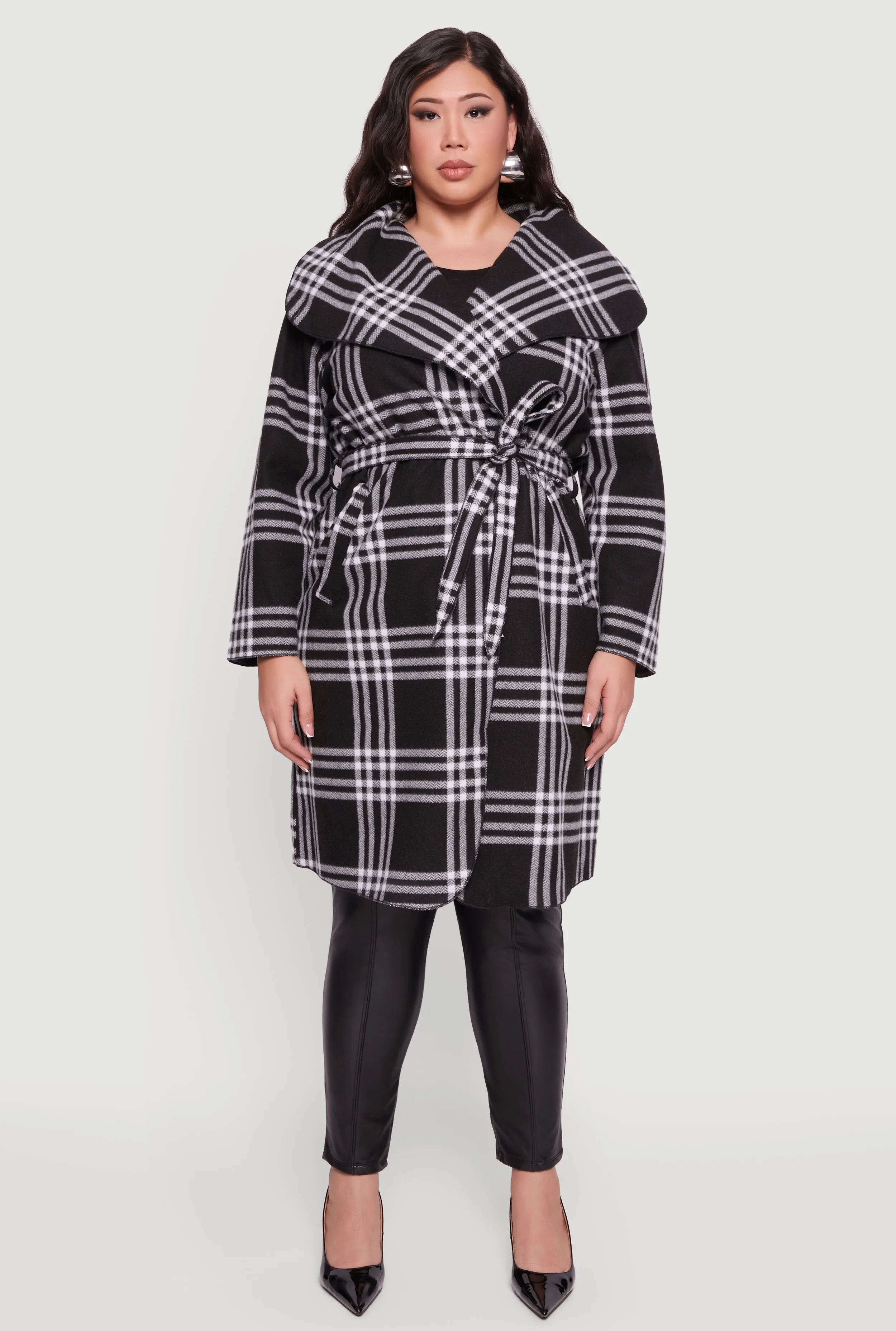 Plus Size Plaid Fleece Wrap Coat with Tie Waist Belt sold by Rainbow
