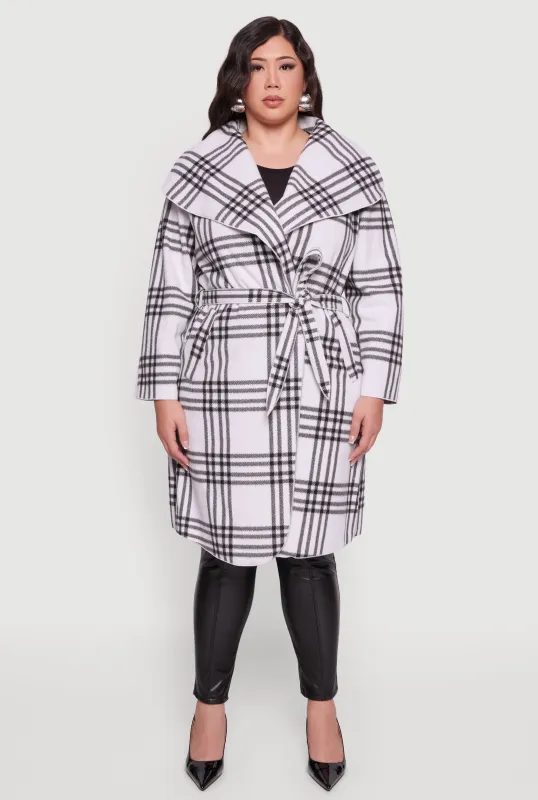 Plus Size Plaid Fleece Wrap Coat with Tie Waist Belt sold by Rainbow
