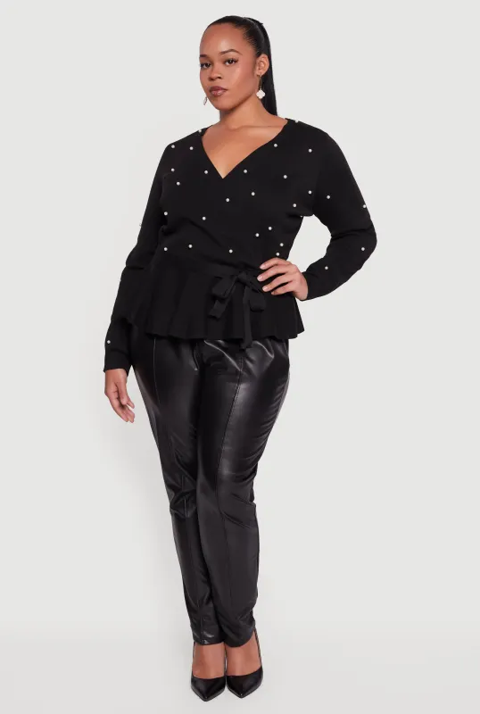 Plus Size Faux Pearl Faux Wrap Sweater with Tie Waist Belt sold by Rainbow