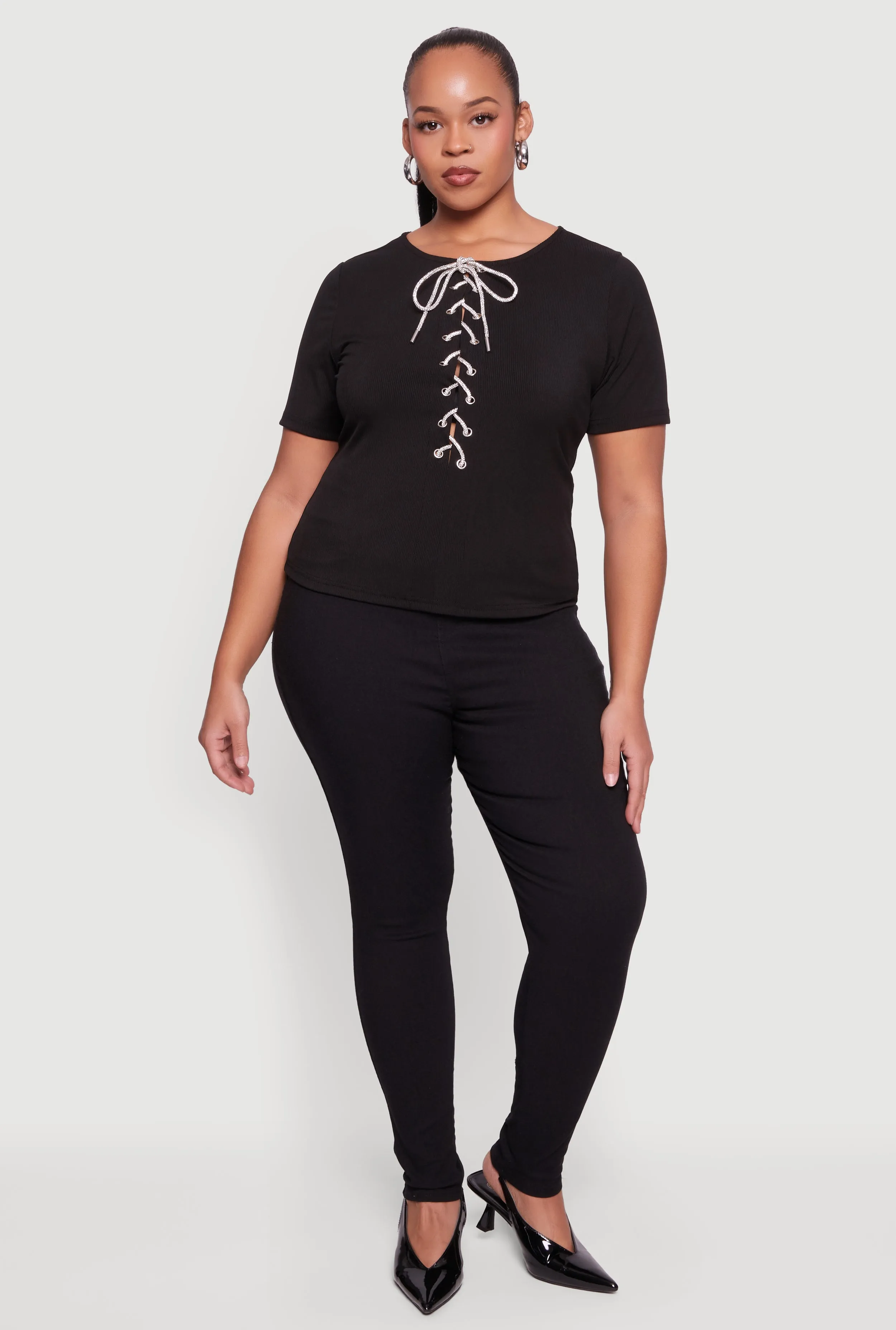 Plus Size Rhinestone Lace Up Front Ribbed Knit Top sold by Rainbow