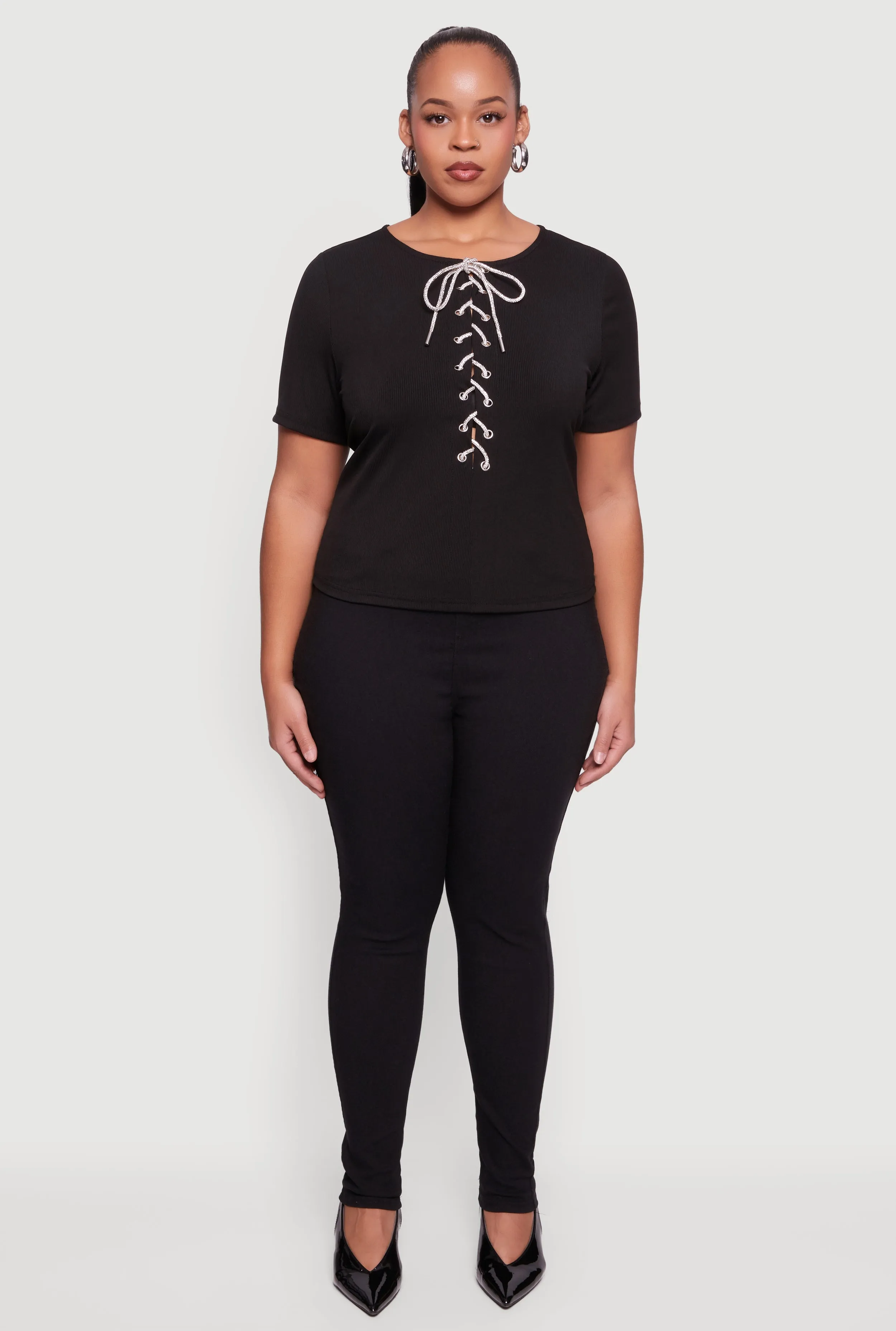 Plus Size Rhinestone Lace Up Front Ribbed Knit Top sold by Rainbow product image thumbnail 3