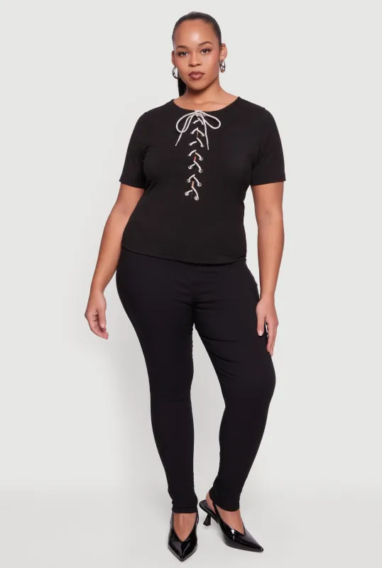 Plus Size Rhinestone Lace Up Front Ribbed Knit Top sold by Rainbow