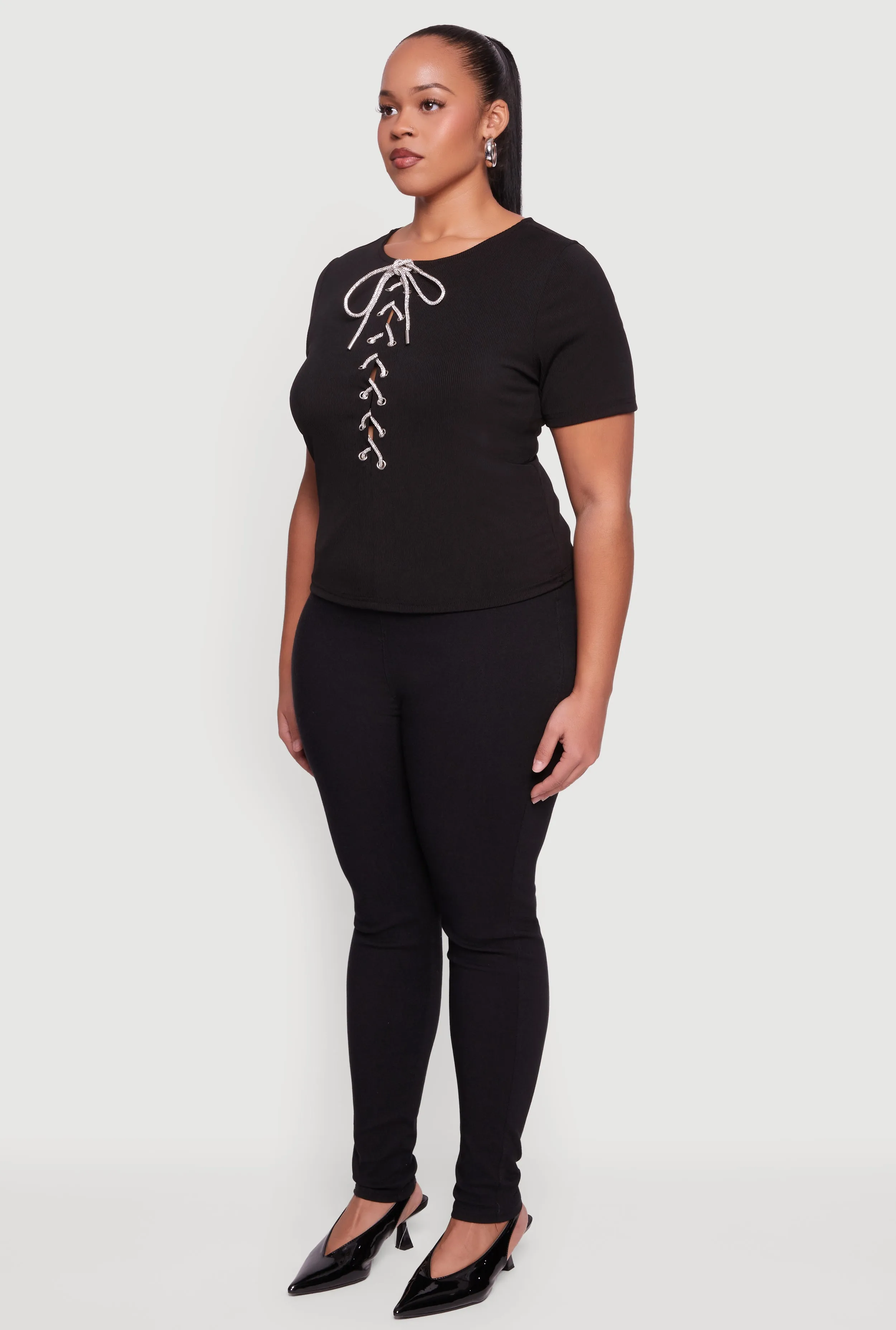 Plus Size Rhinestone Lace Up Front Ribbed Knit Top sold by Rainbow product image thumbnail 5