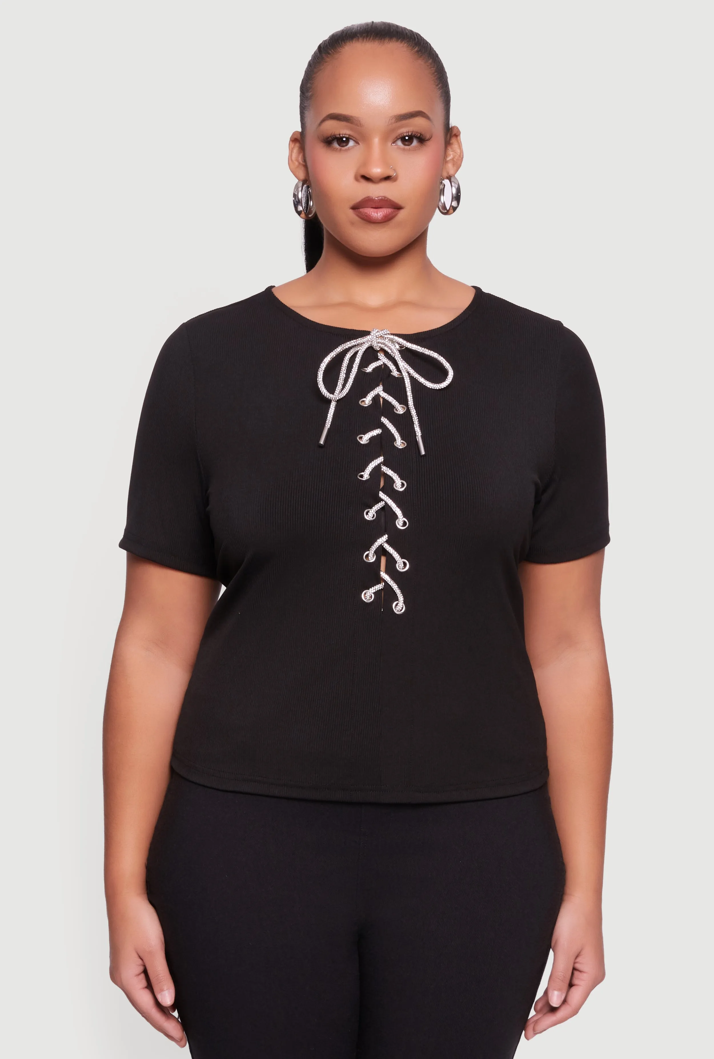 Plus Size Rhinestone Lace Up Front Ribbed Knit Top sold by Rainbow product image thumbnail 2