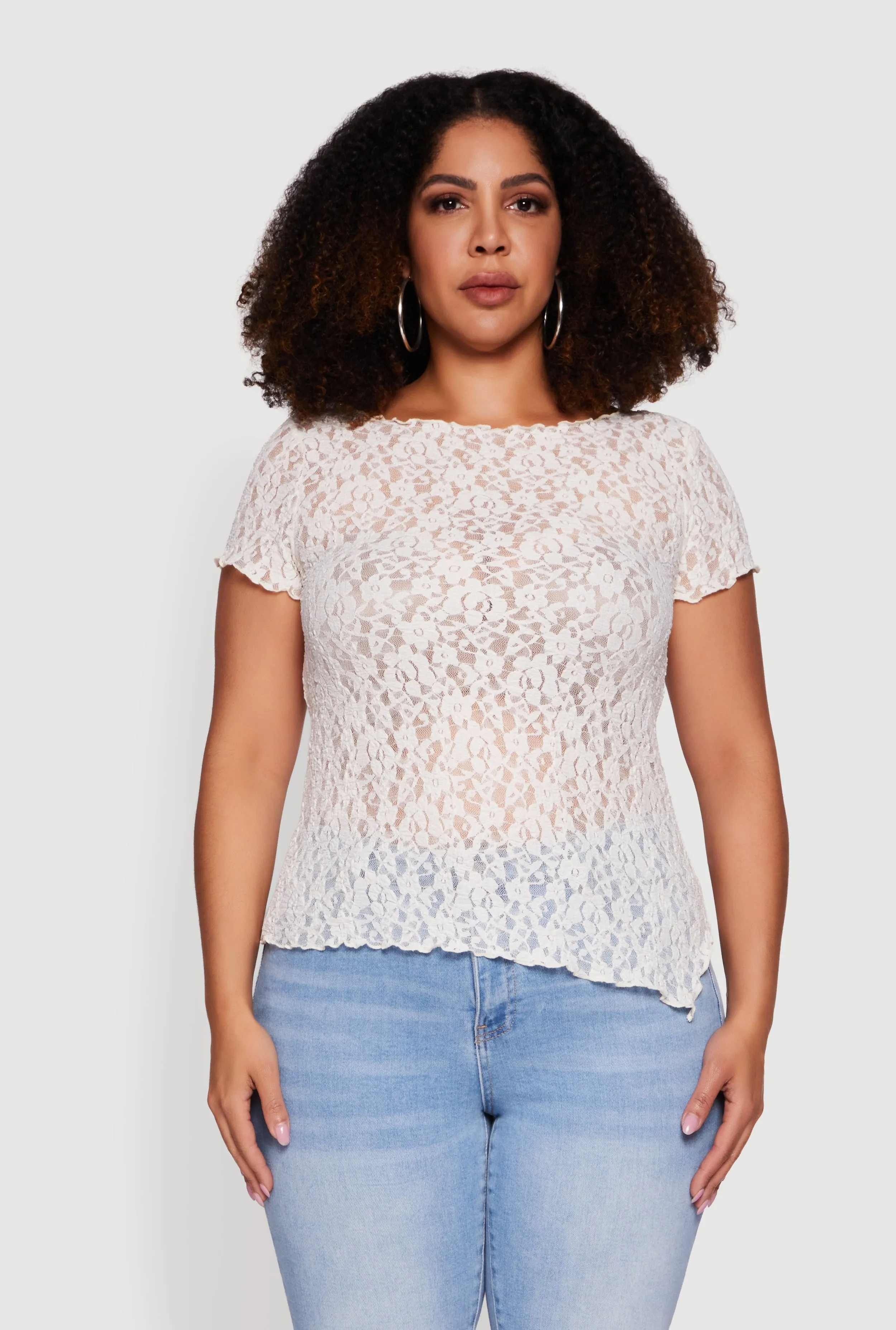 Plus Size Asymmetrical Hem Short Sleeve Lace Blouse sold by Rainbow product image thumbnail 2