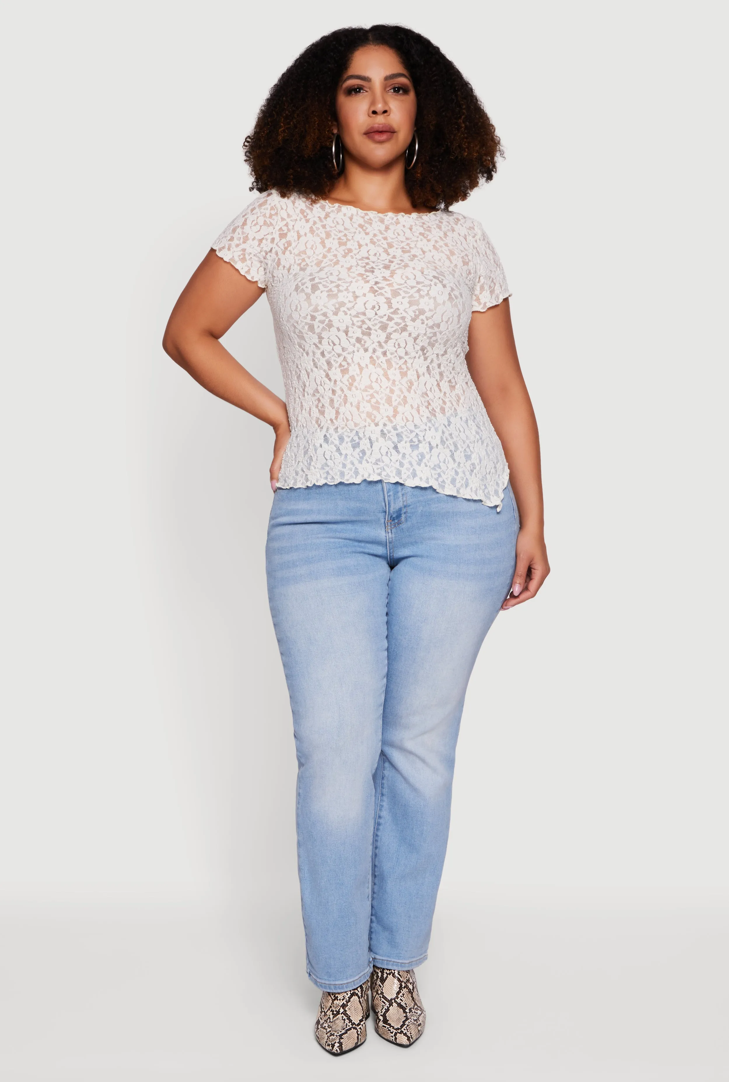 Plus Size Asymmetrical Hem Short Sleeve Lace Blouse sold by Rainbow product image thumbnail 3