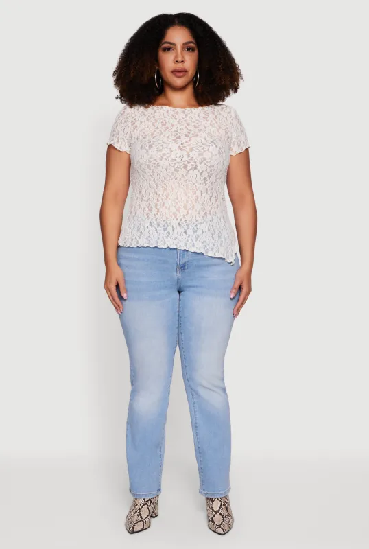 Plus Size Asymmetrical Hem Short Sleeve Lace Blouse sold by Rainbow