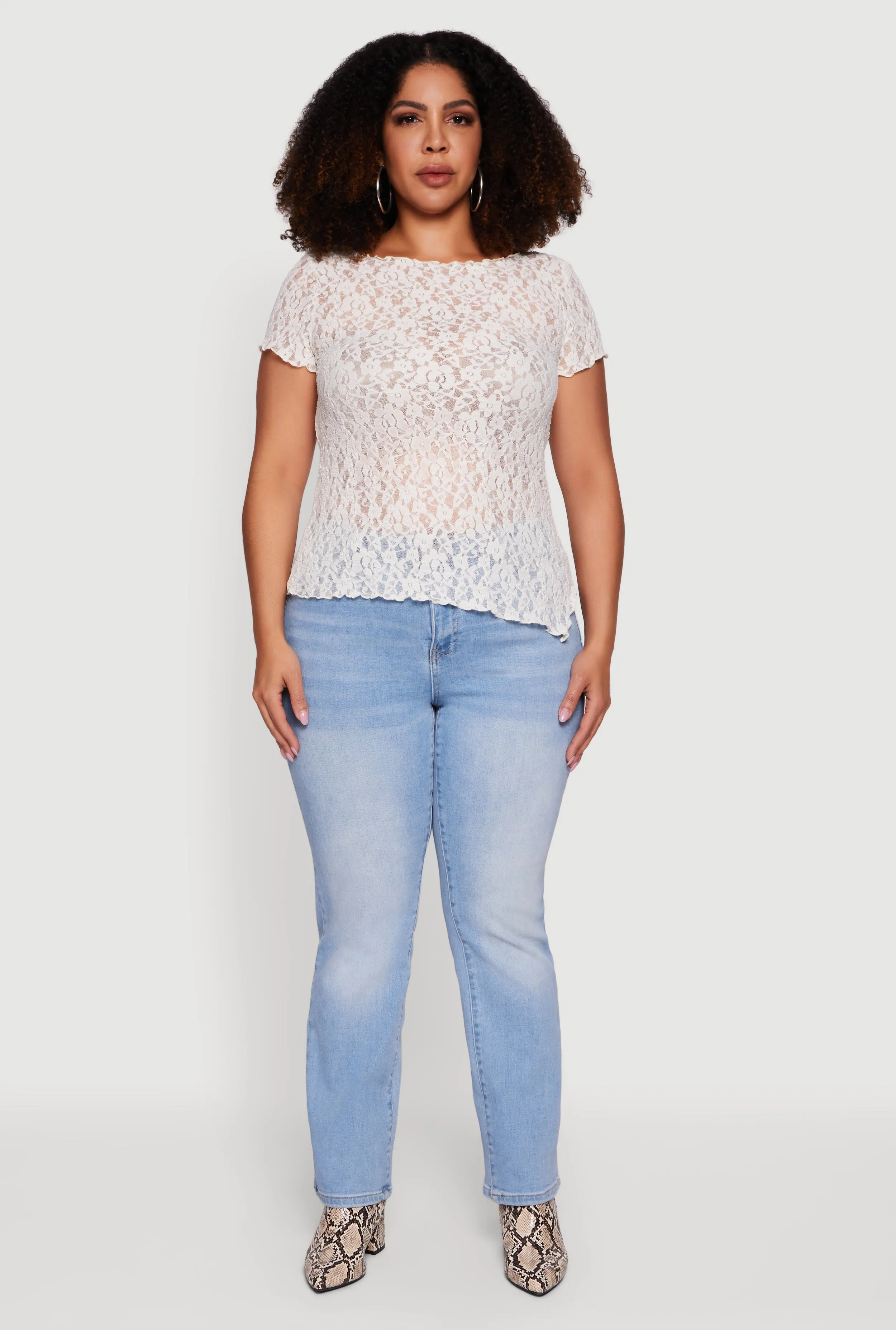 Plus Size Asymmetrical Hem Short Sleeve Lace Blouse sold by Rainbow