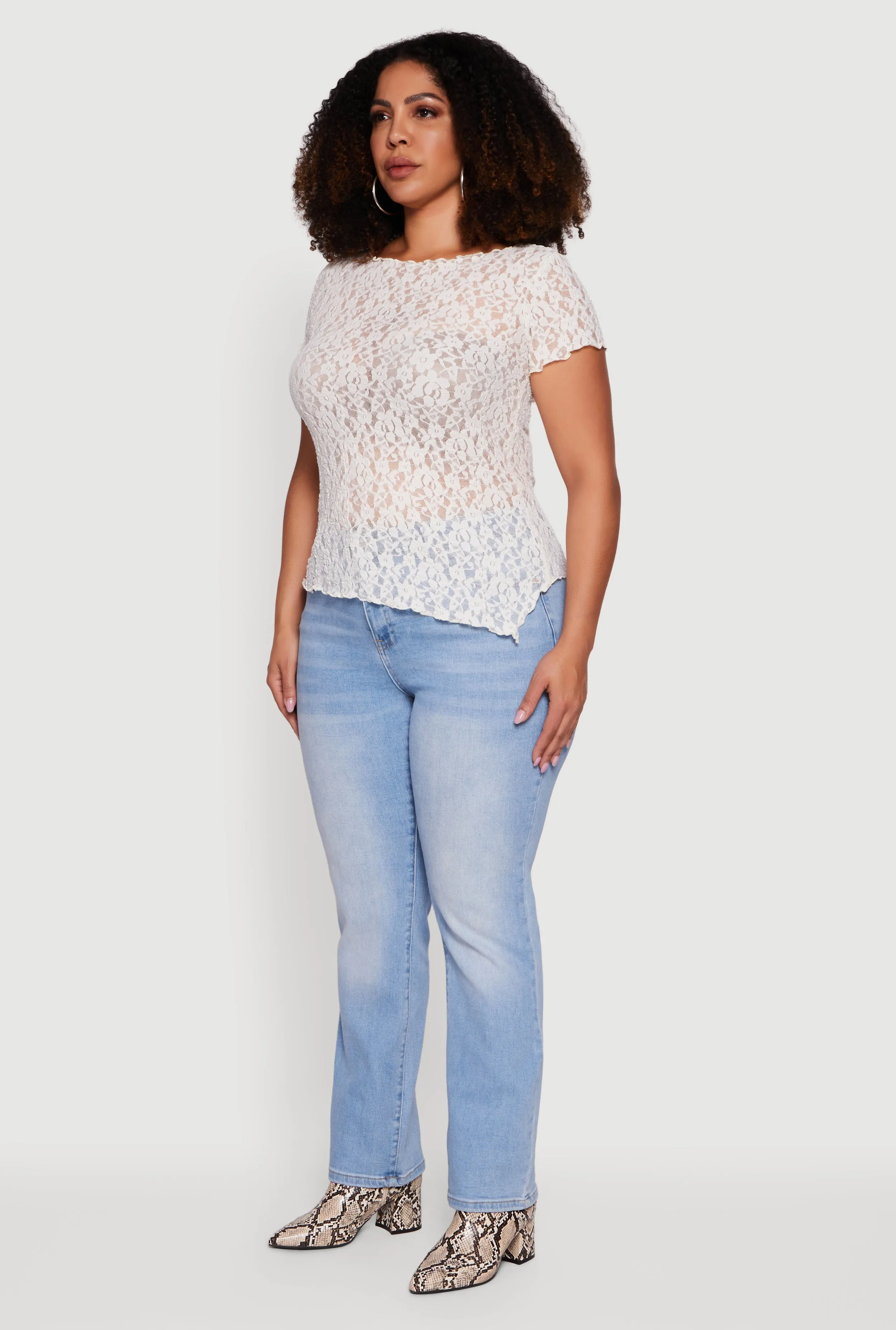 Plus Size Asymmetrical Hem Short Sleeve Lace Blouse sold by Rainbow product image thumbnail 5