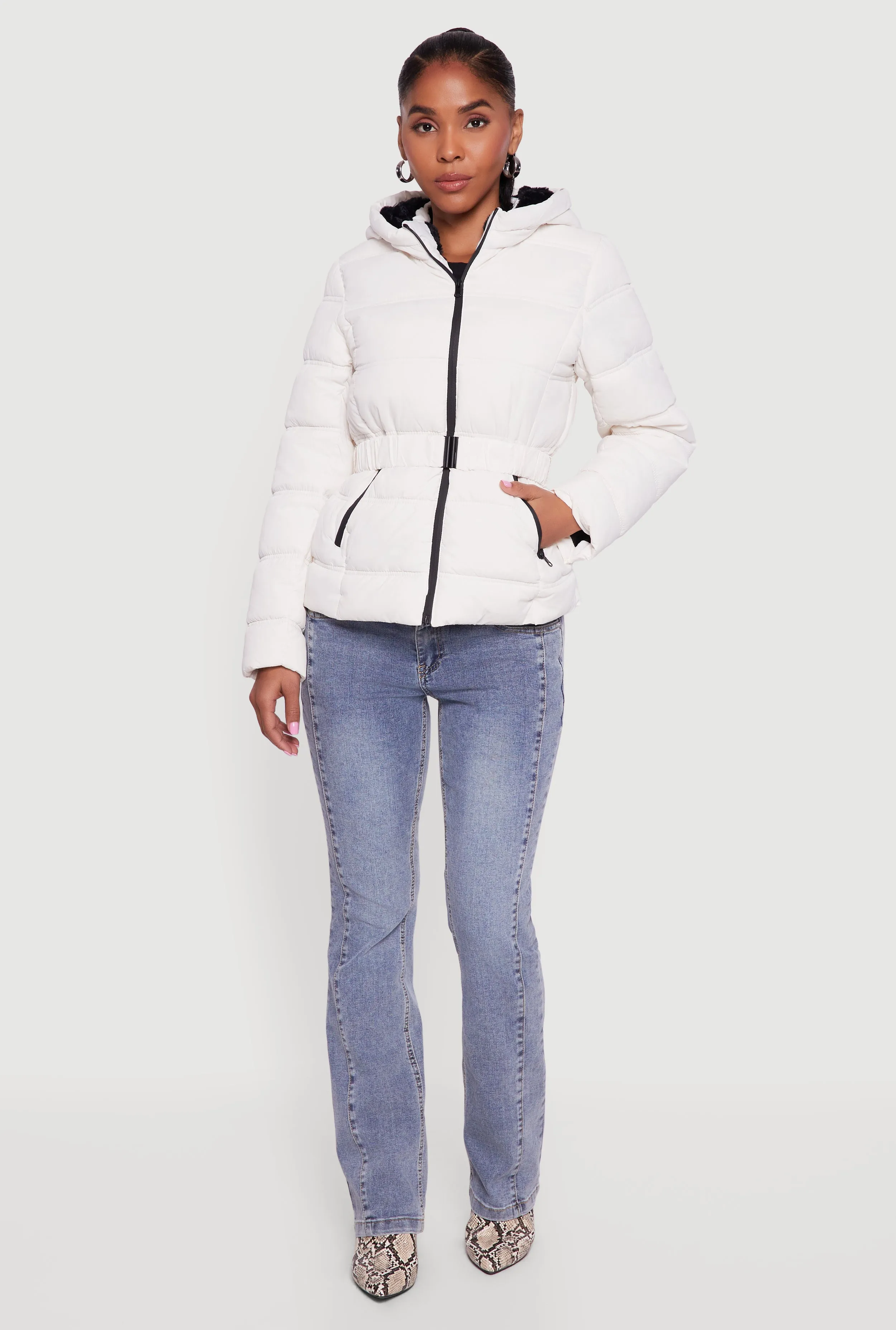 Faux Fur Lined Hooded Puffer Jacket with Belt sold by Rainbow