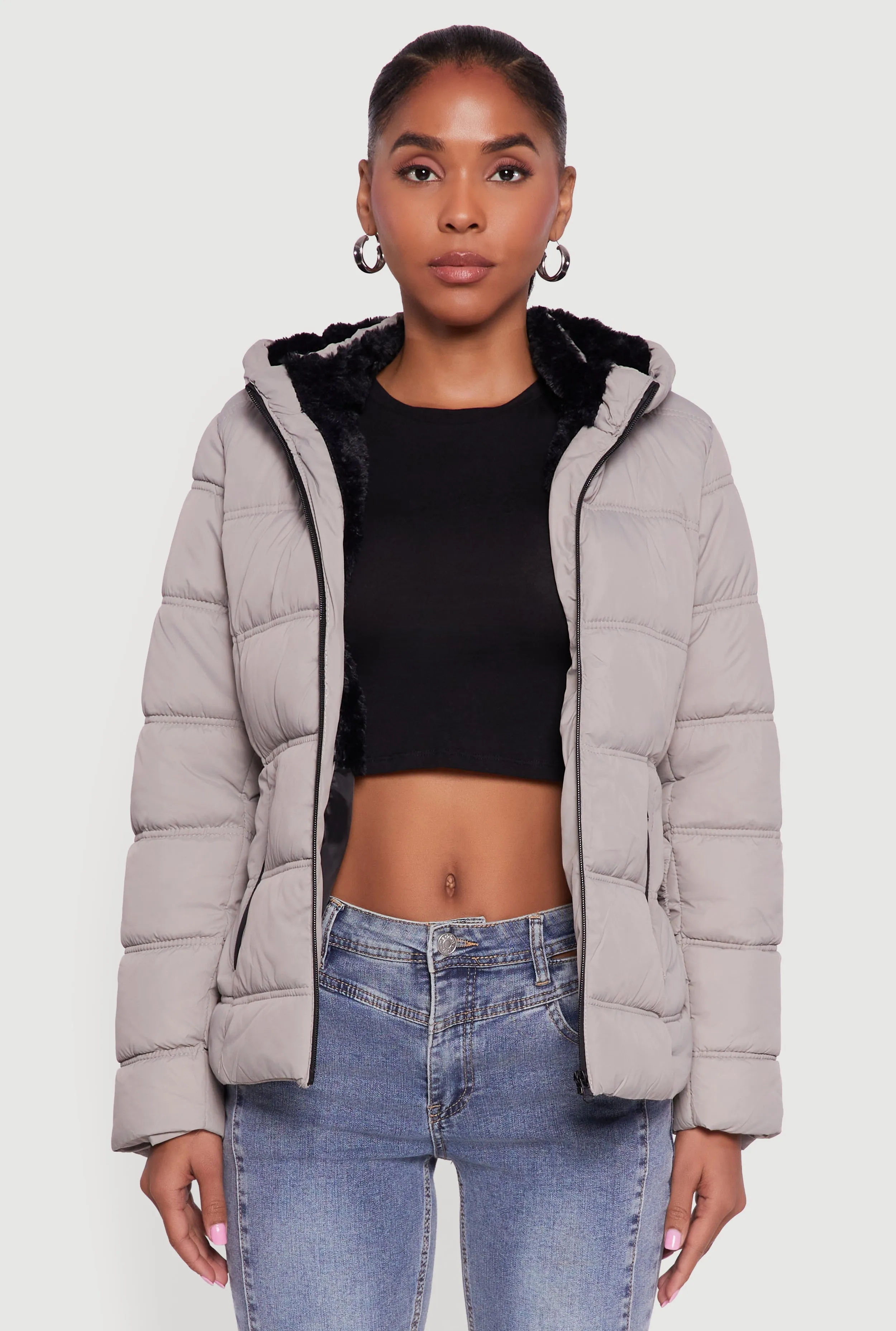 Faux Fur Lined Hooded Puffer Jacket with Belt sold by Rainbow product image thumbnail 2