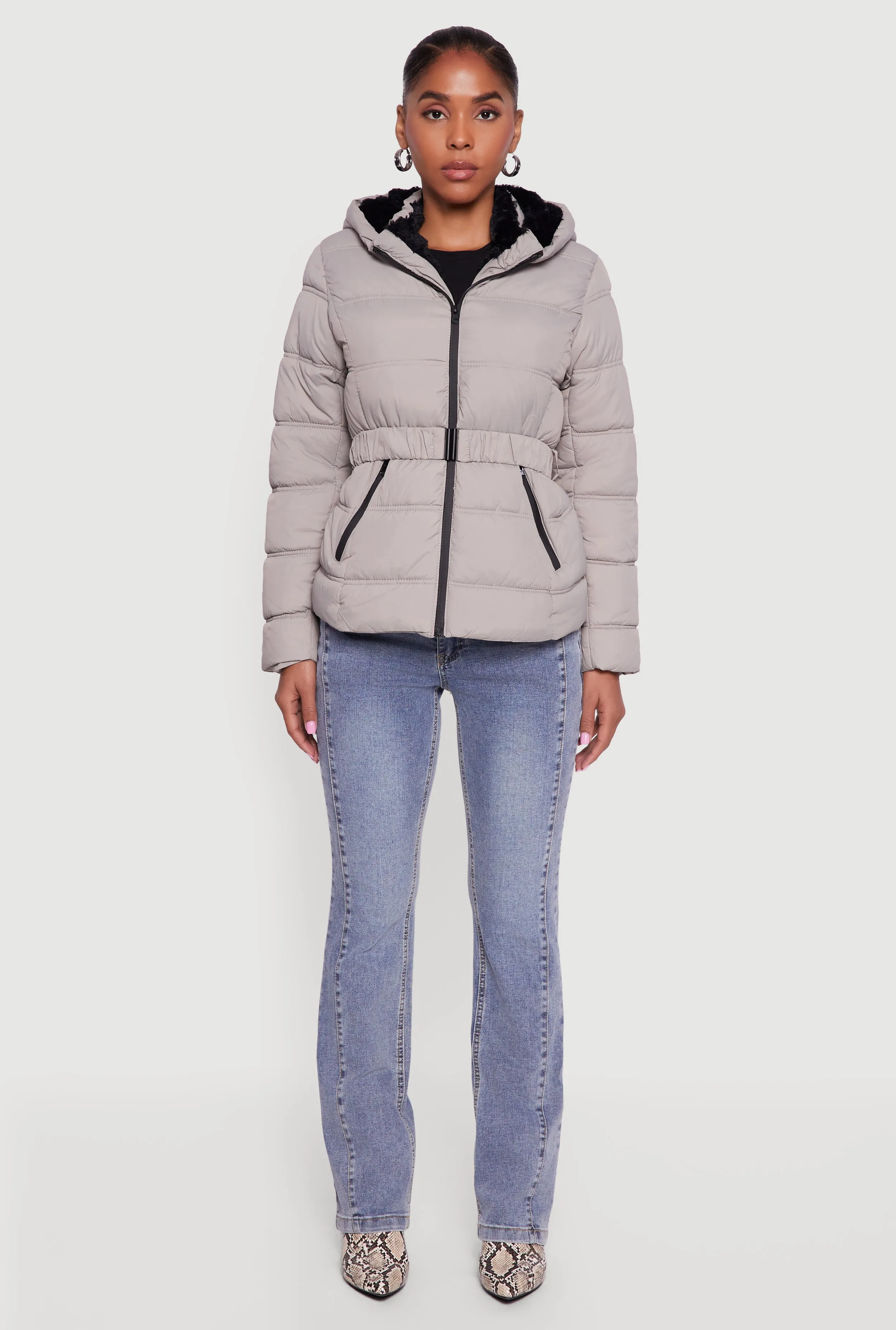 Faux Fur Lined Hooded Puffer Jacket with Belt sold by Rainbow product image thumbnail 3