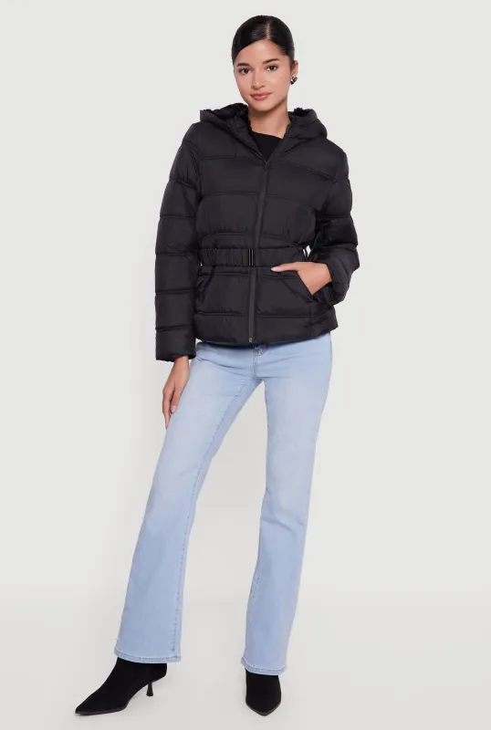 Faux Fur Lined Hooded Puffer Jacket with Belt sold by Rainbow