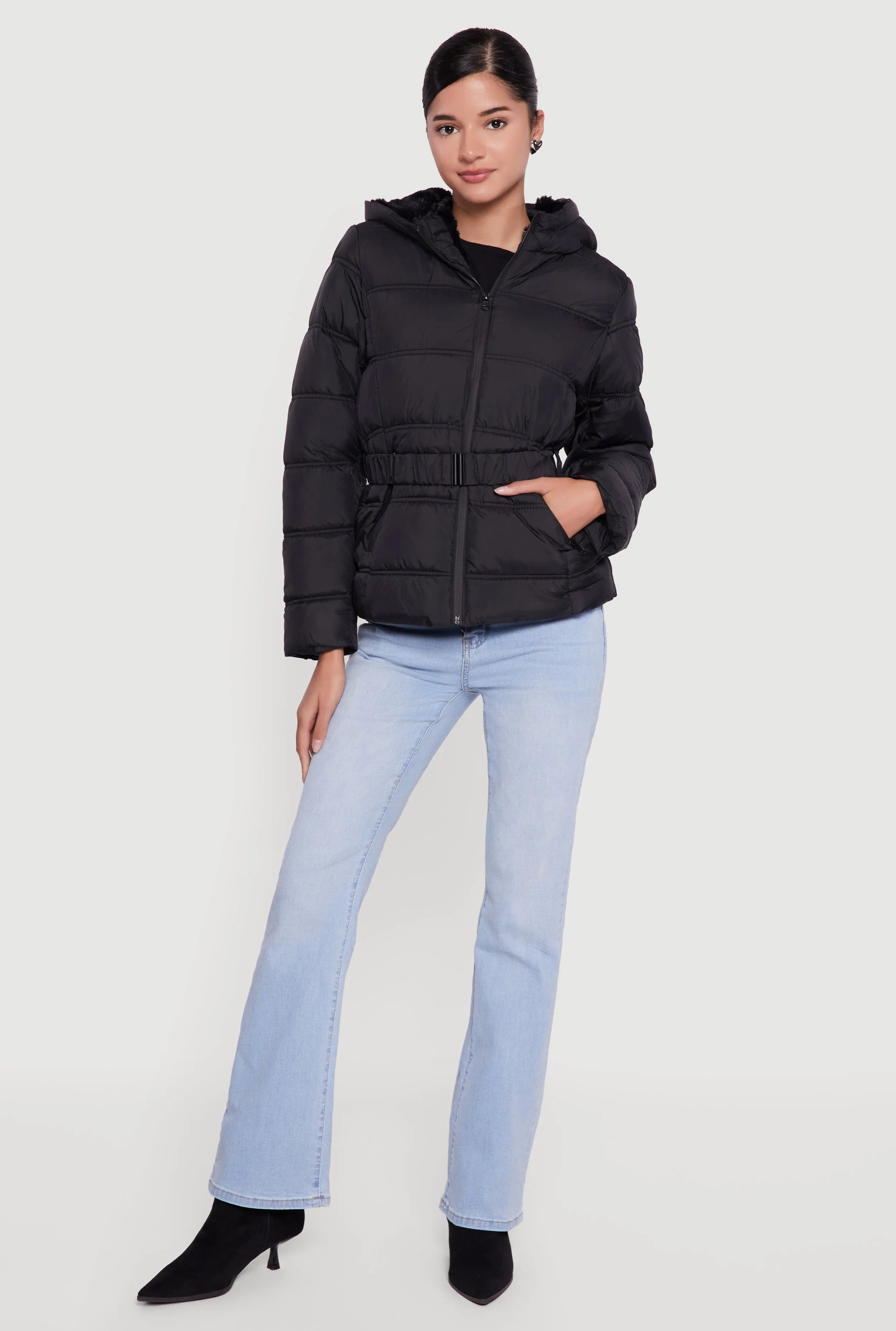 Faux Fur Lined Hooded Puffer Jacket with Belt sold by Rainbow