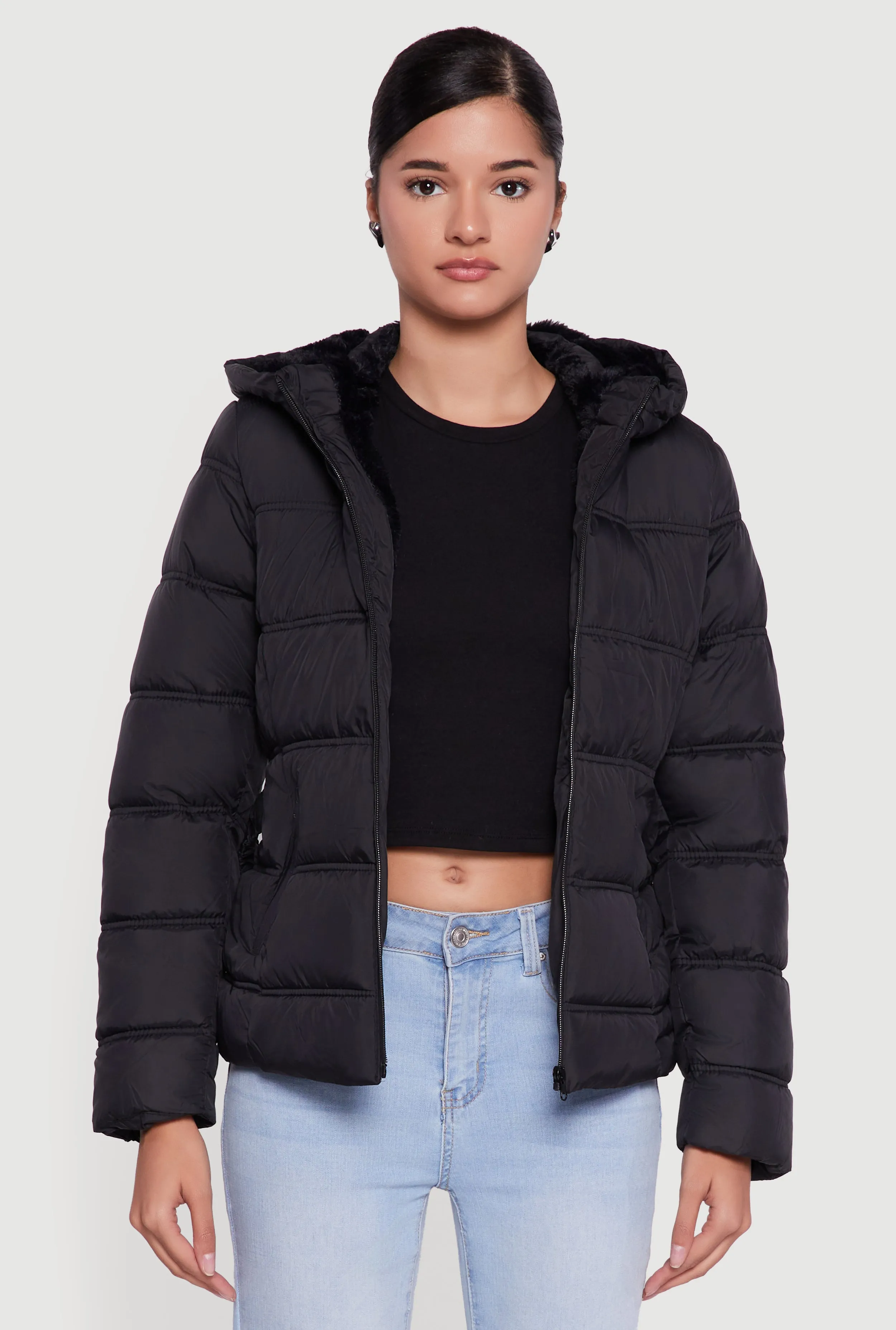 Faux Fur Lined Hooded Puffer Jacket with Belt sold by Rainbow product image thumbnail 2