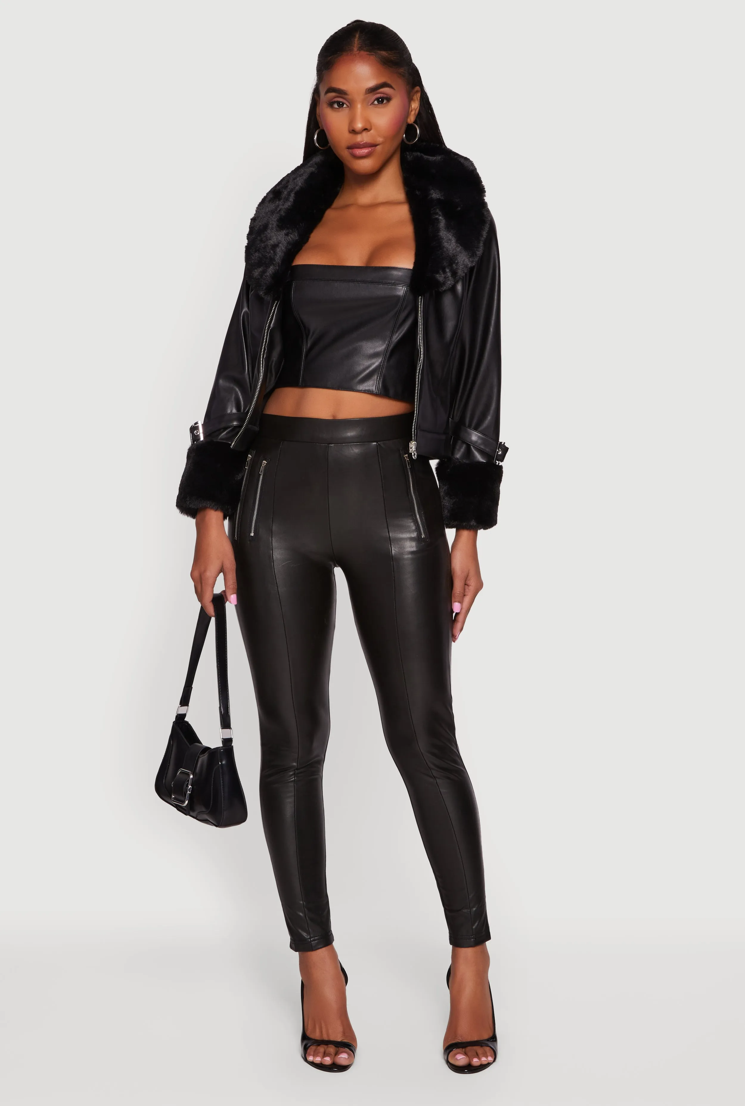 Faux Fur Trim Faux Leather Jacket sold by Rainbow