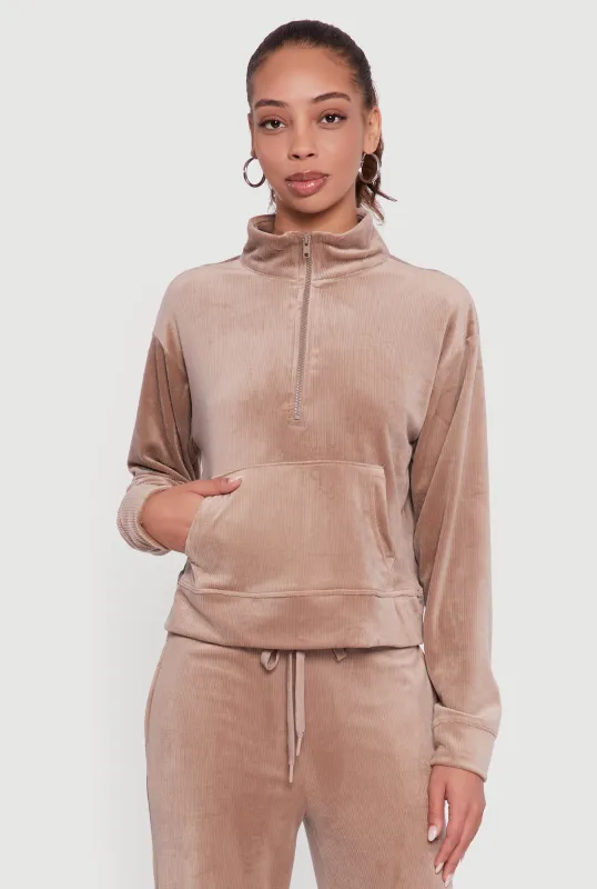 Ribbed Velour Half Zip Mock Neck Pullover sold by Rainbow