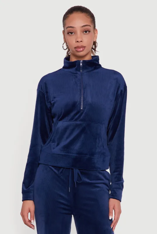 Ribbed Velour Half Zip Mock Neck Pullover sold by Rainbow