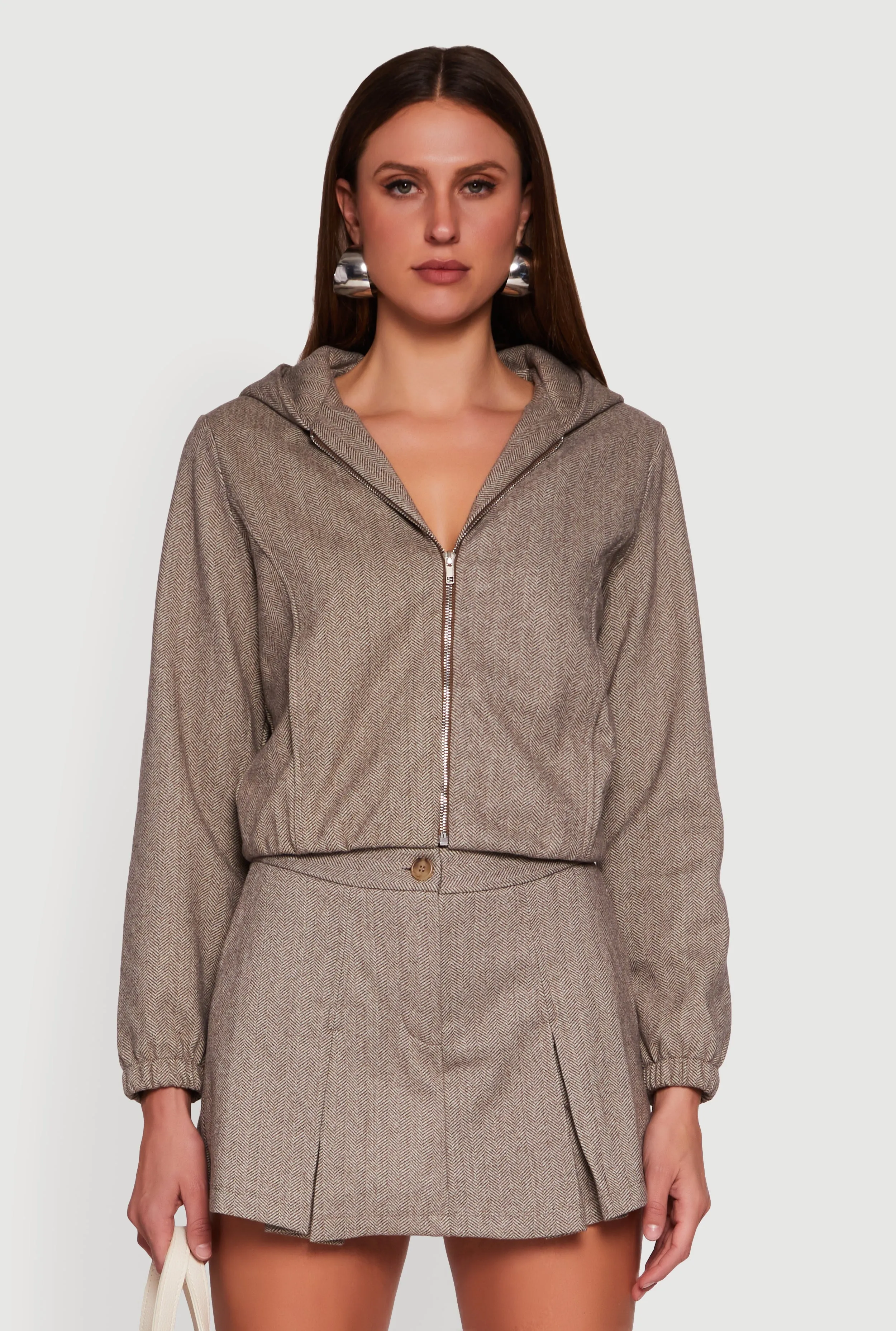 Herringbone Zip Front Elastic Hem Hoodie sold by Rainbow