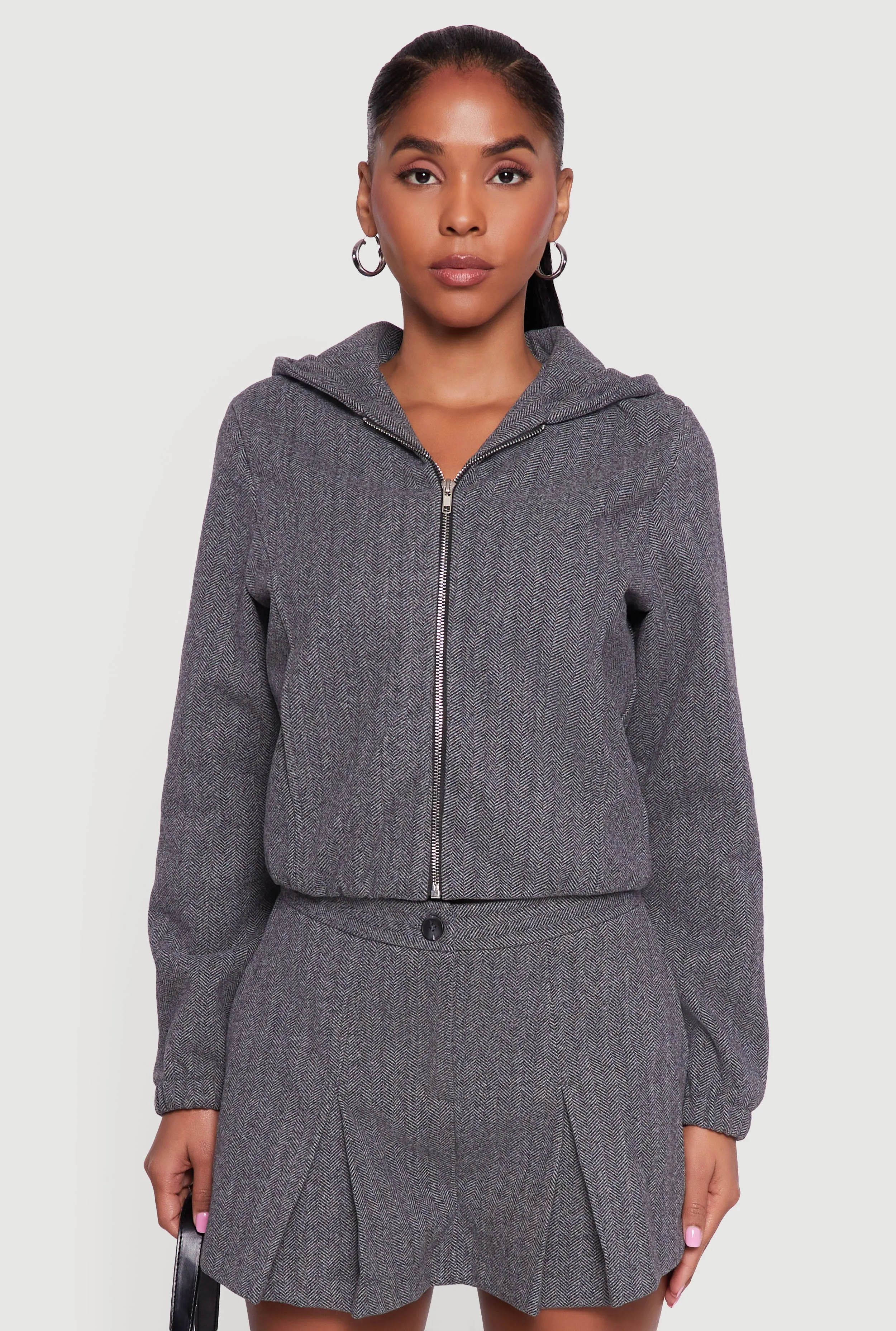 Herringbone Zip Front Elastic Hem Hoodie sold by Rainbow