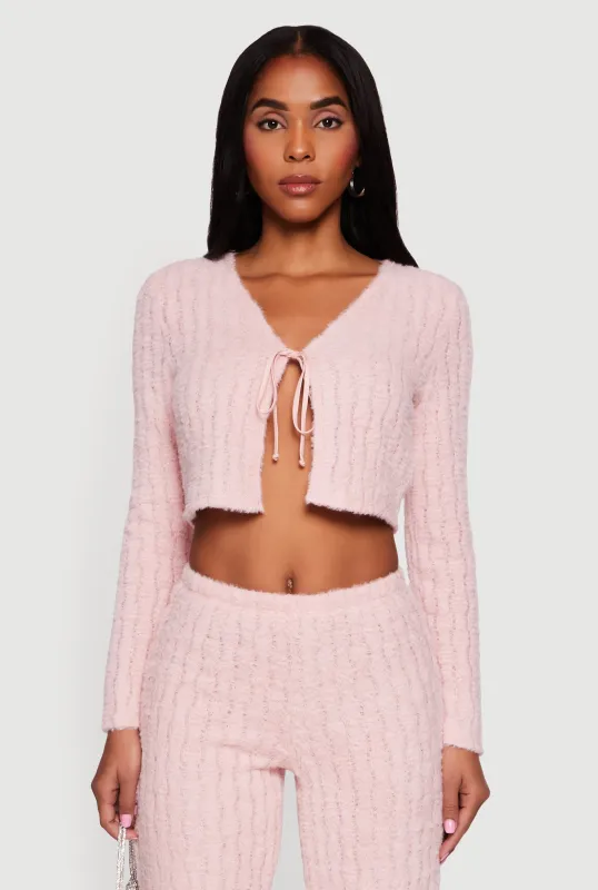 Eyelash Knit Tie Front Long Sleeve Crop Top sold by Rainbow