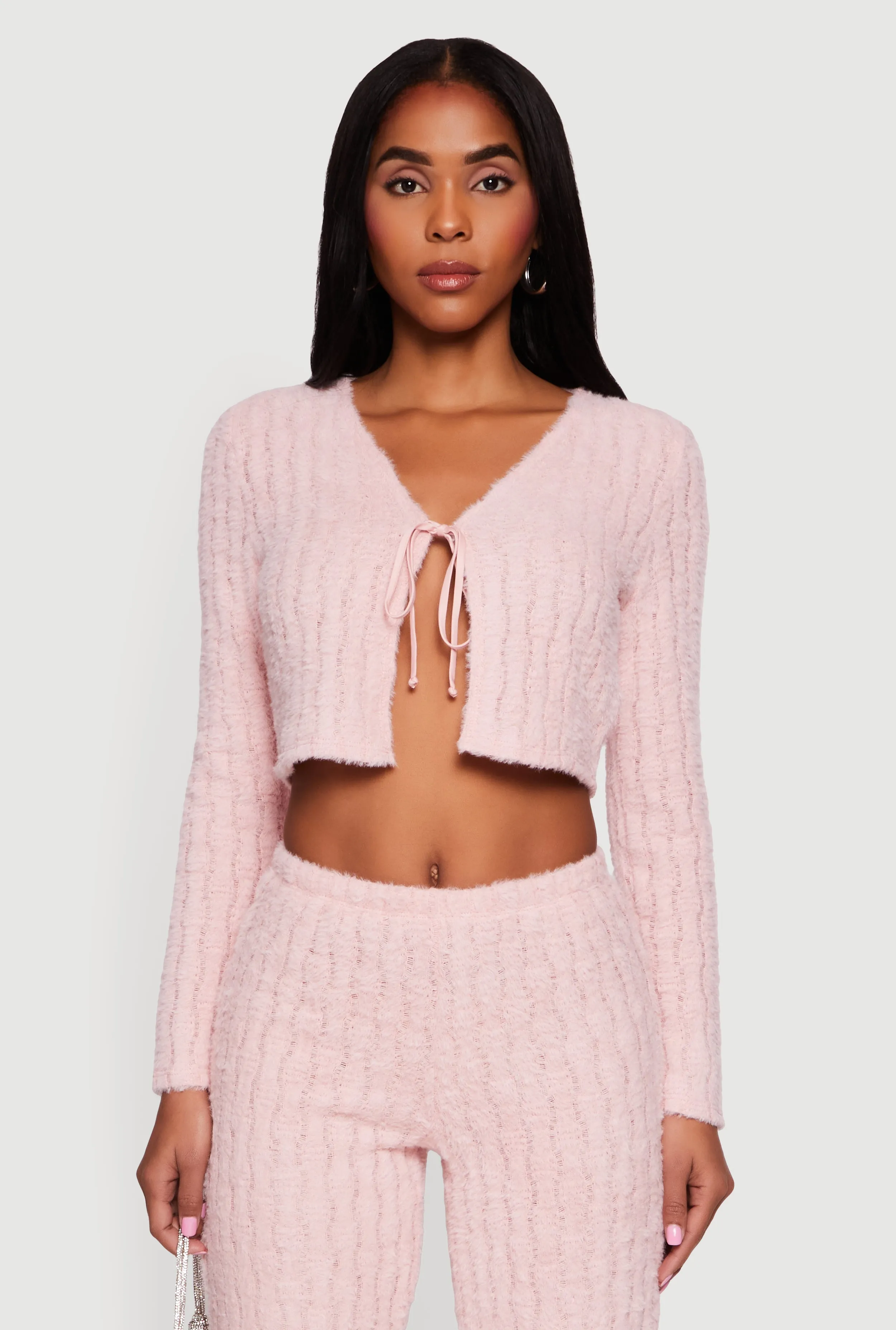 Eyelash Knit Tie Front Long Sleeve Crop Top sold by Rainbow