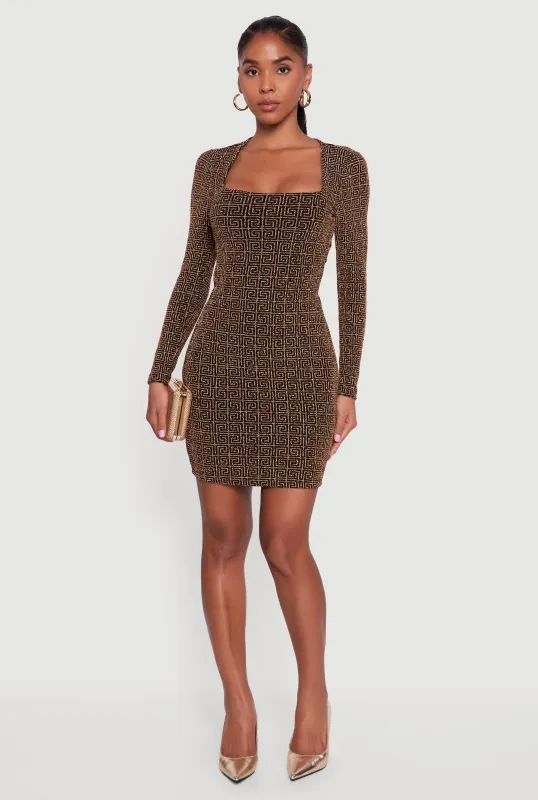 Greek Key Lurex Long Sleeve Open Tie Back Mini Dress sold by Rainbow