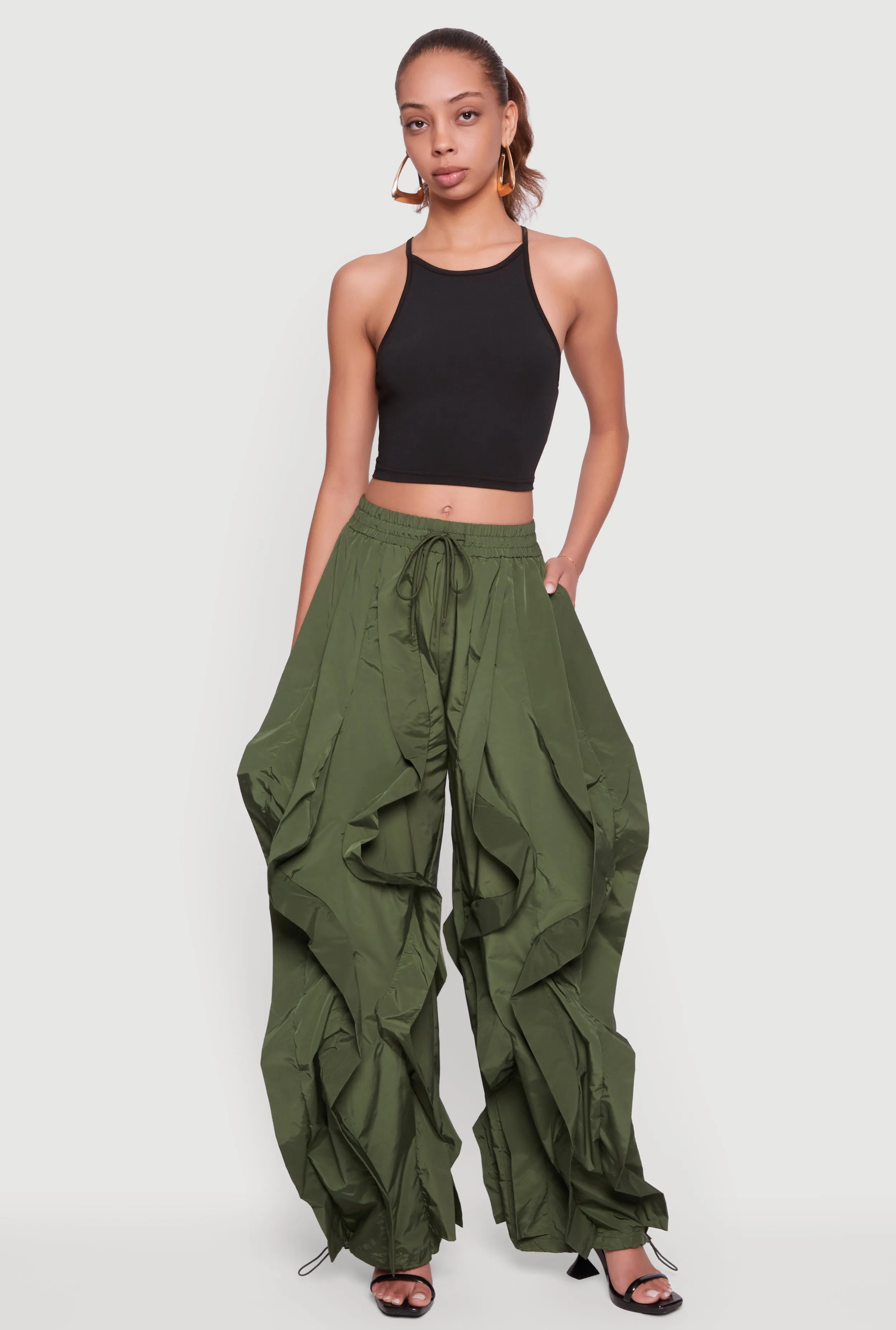Drawstring Waist Ruffle Parachute Pants sold by Rainbow