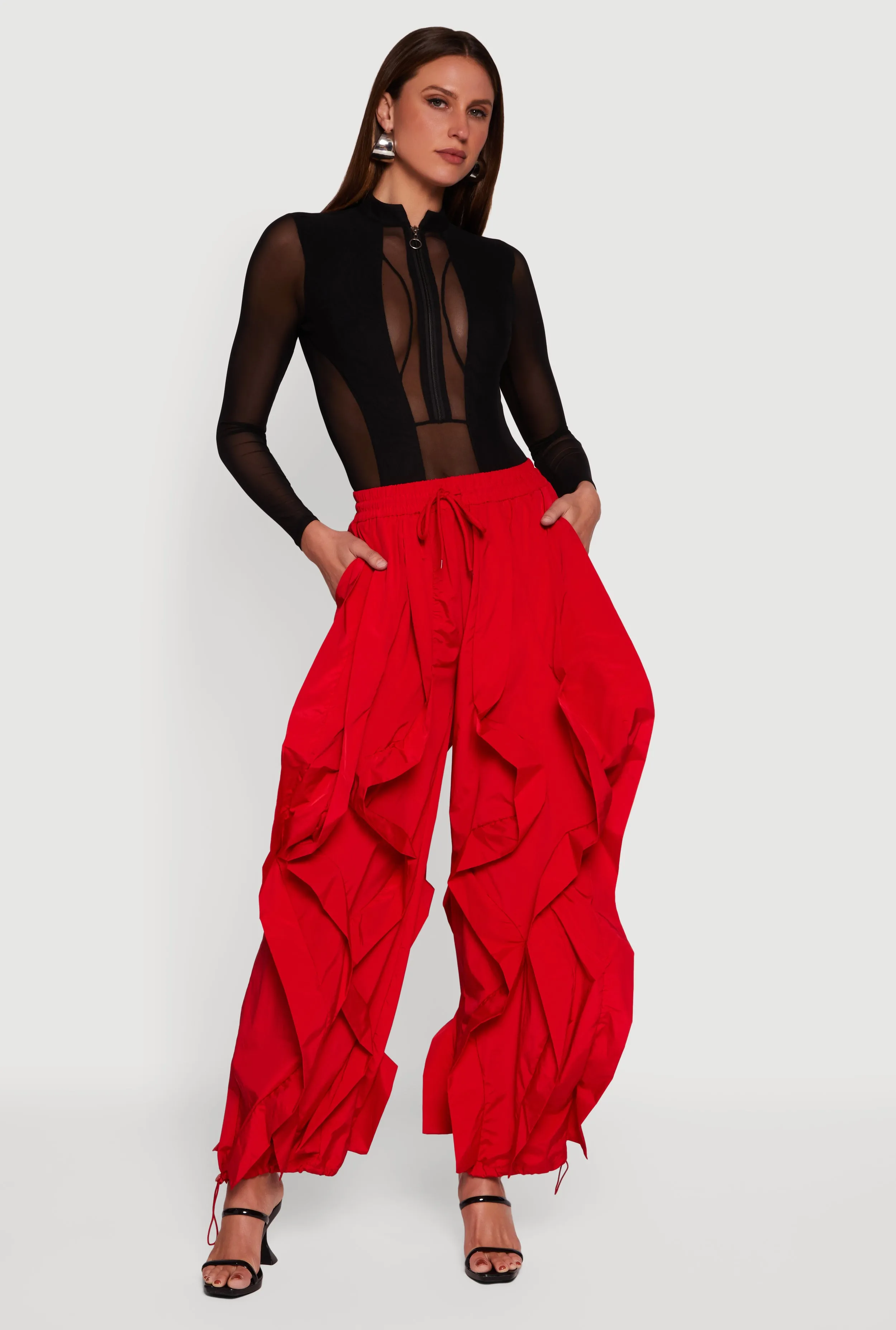 Drawstring Waist Ruffle Parachute Pants sold by Rainbow
