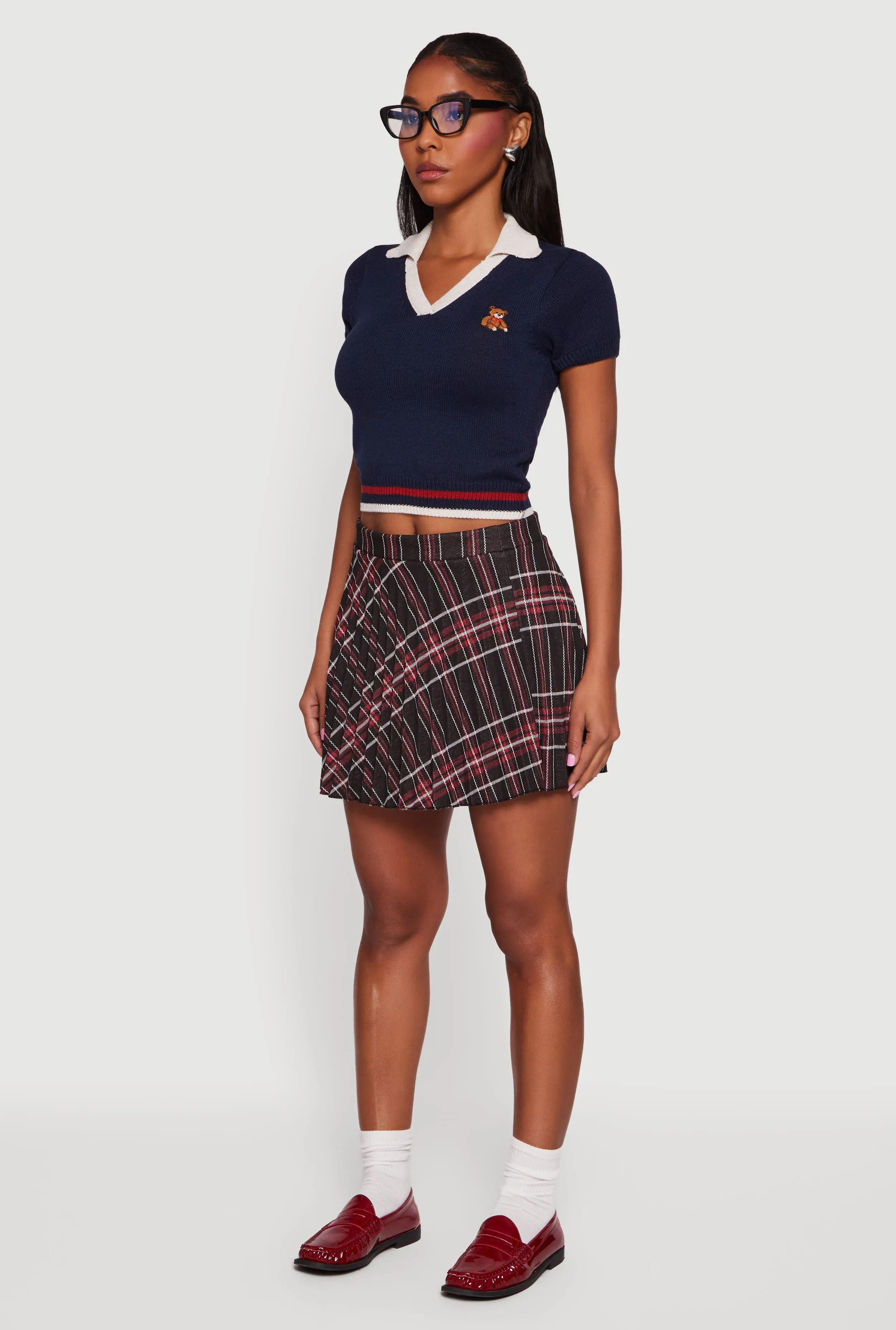 Teddy Bear Graphic Contrast Trim Cropped Polo Sweater sold by Rainbow product image thumbnail 5