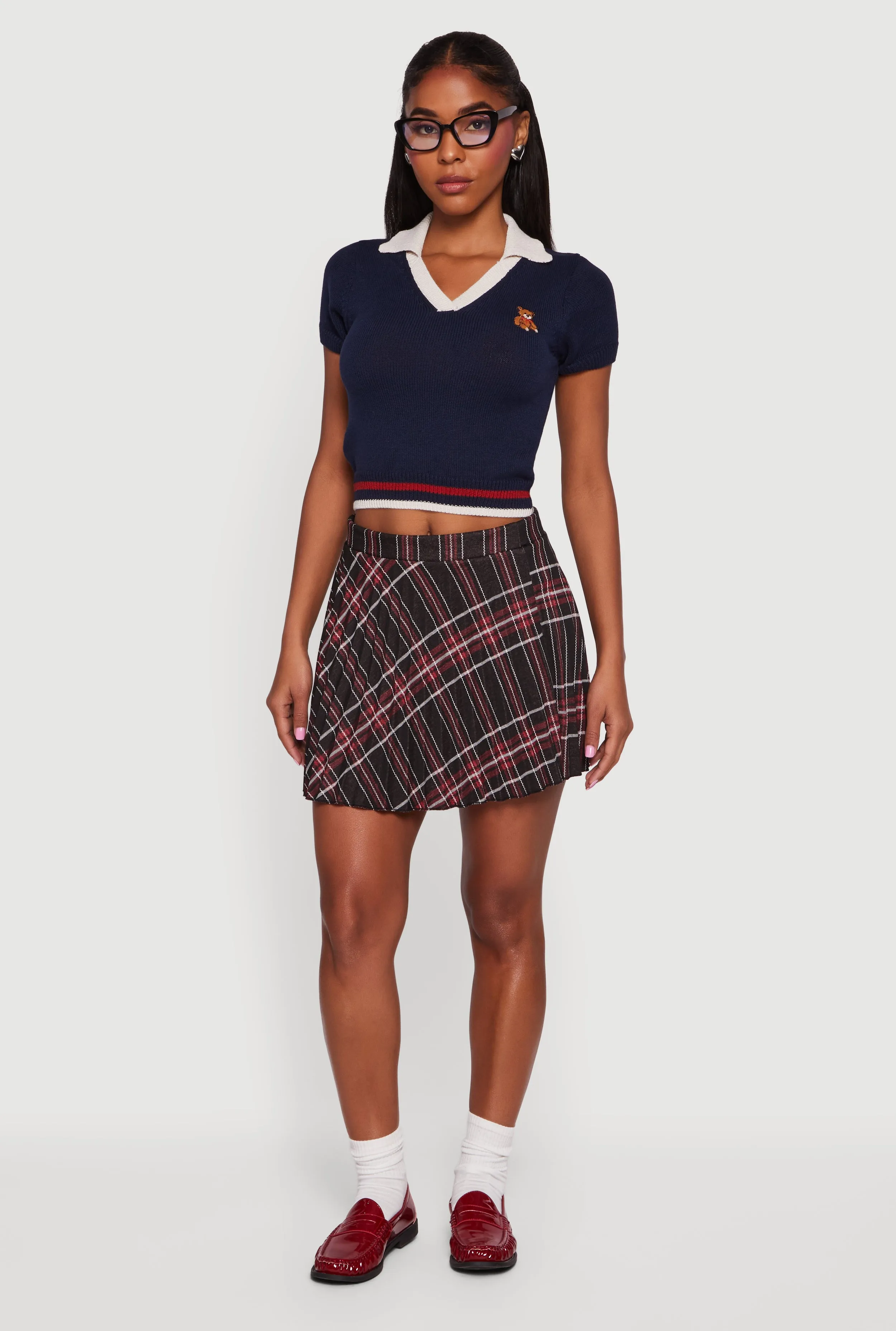 Teddy Bear Graphic Contrast Trim Cropped Polo Sweater sold by Rainbow product image thumbnail 3