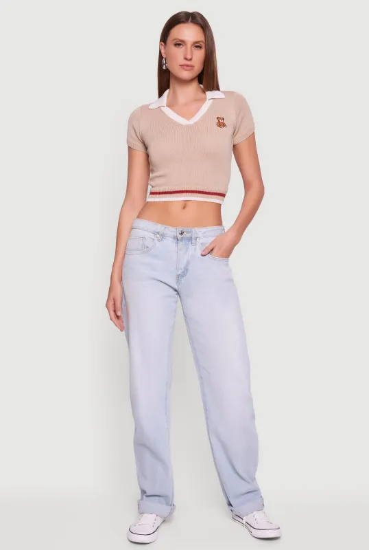 Teddy Bear Graphic Contrast Trim Cropped Polo Sweater sold by Rainbow