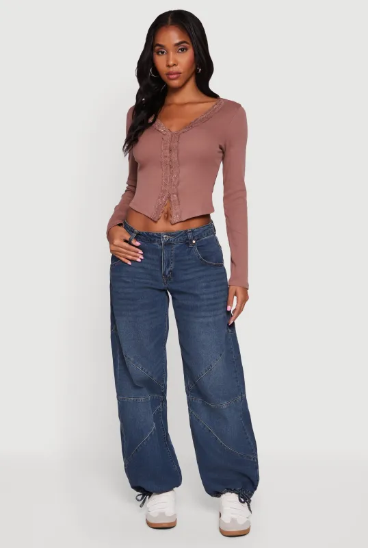 Long Sleeve Lace Trim Crop Top sold by Rainbow