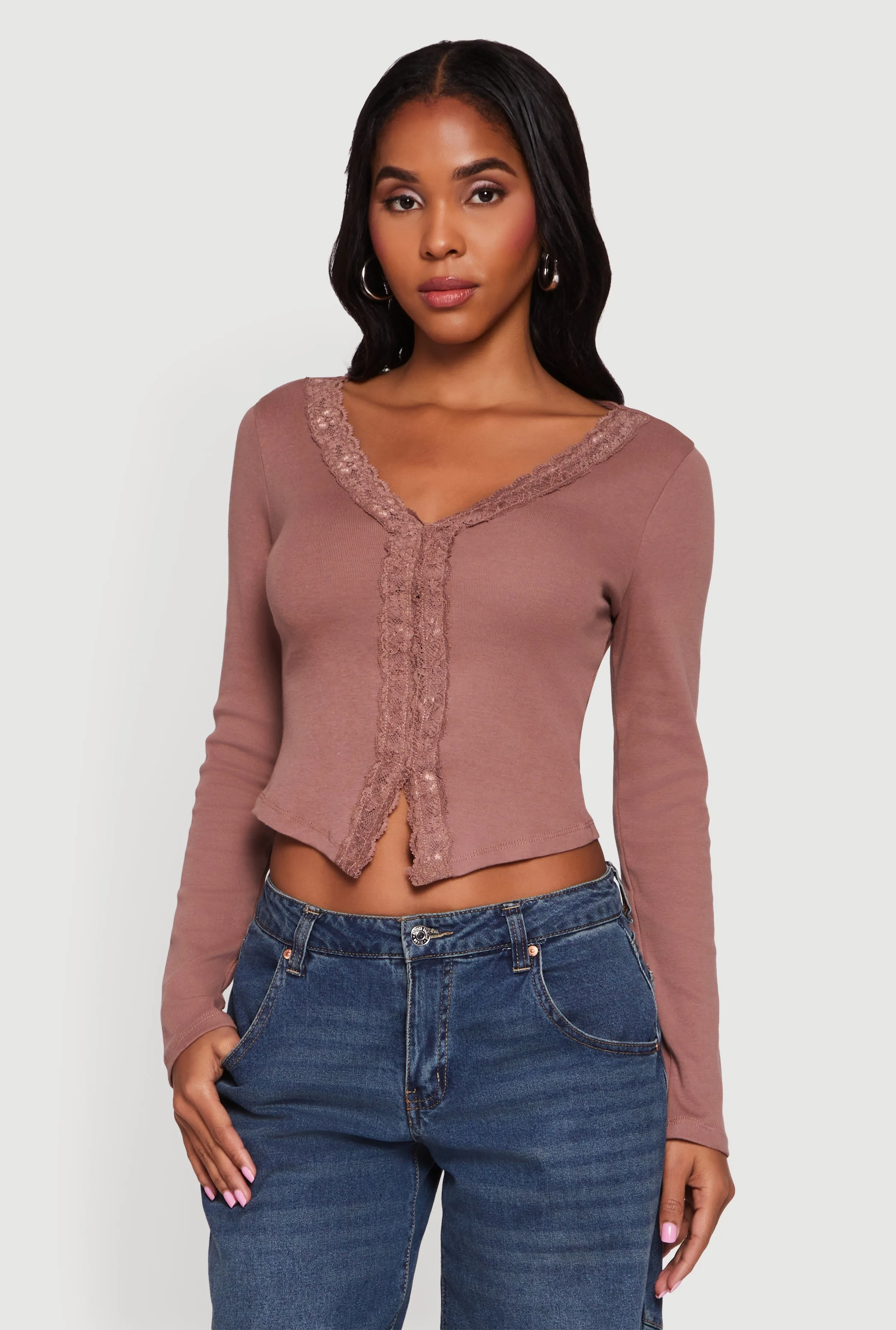 Long Sleeve Lace Trim Crop Top sold by Rainbow product image thumbnail 2