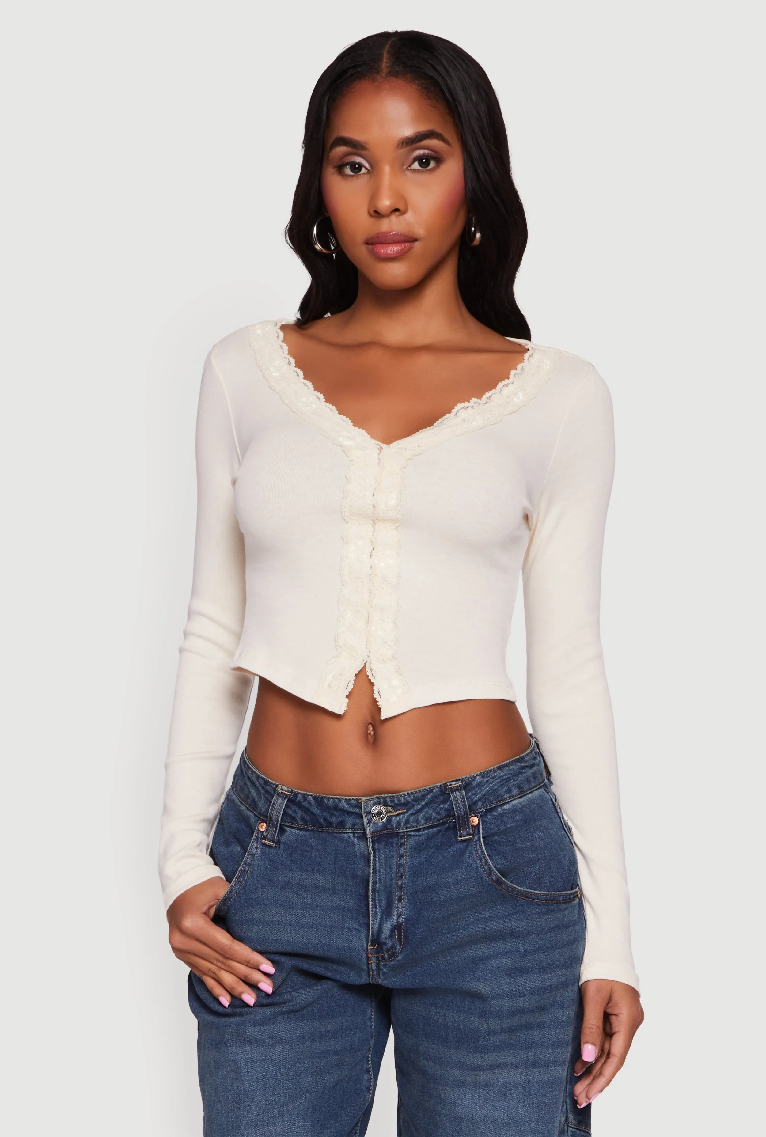 Long Sleeve Lace Trim Crop Top sold by Rainbow product image thumbnail 2