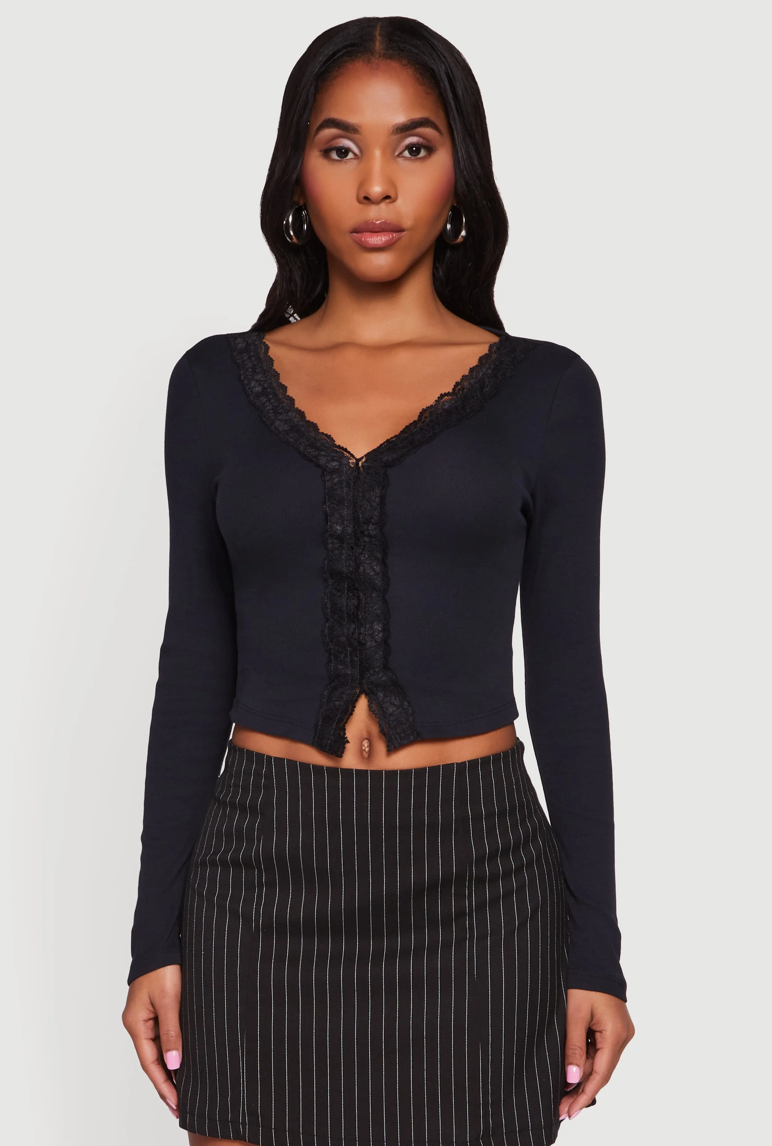 Long Sleeve Lace Trim Crop Top sold by Rainbow product image thumbnail 2